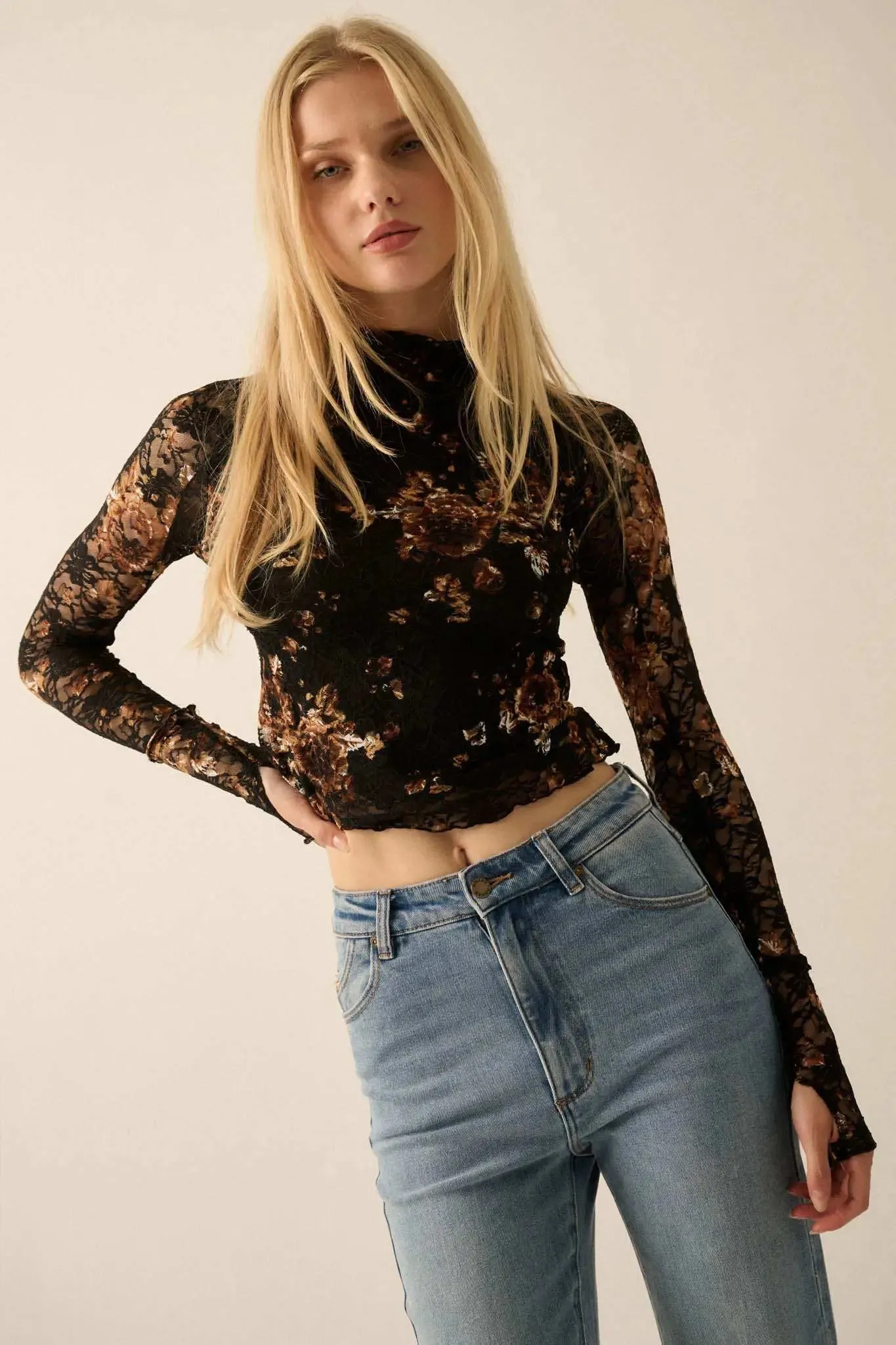 Golden Glow Floral-Print Lace Mock-Neck Top sold by Promesa product image thumbnail 4