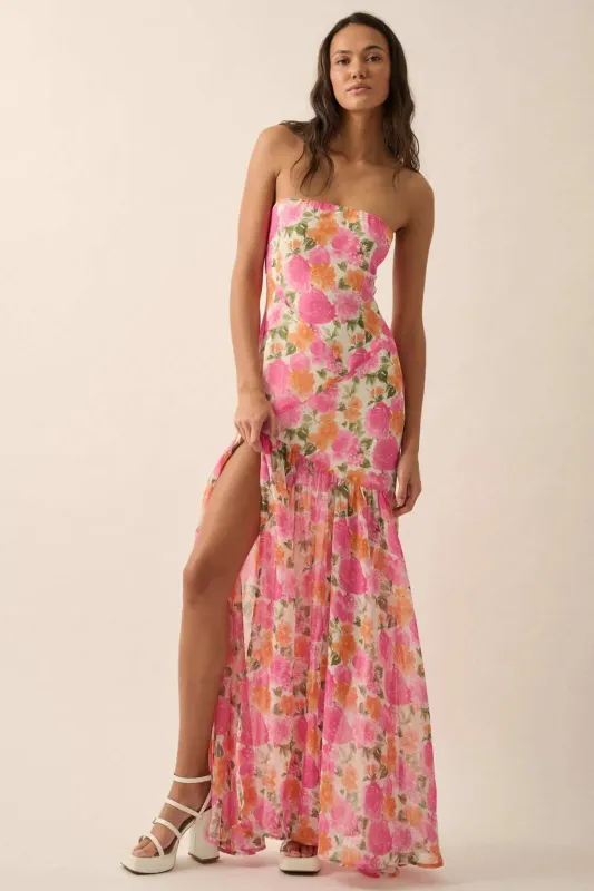 Bright Buds Strapless Floral Drop-Waist Maxi Dress sold by Promesa