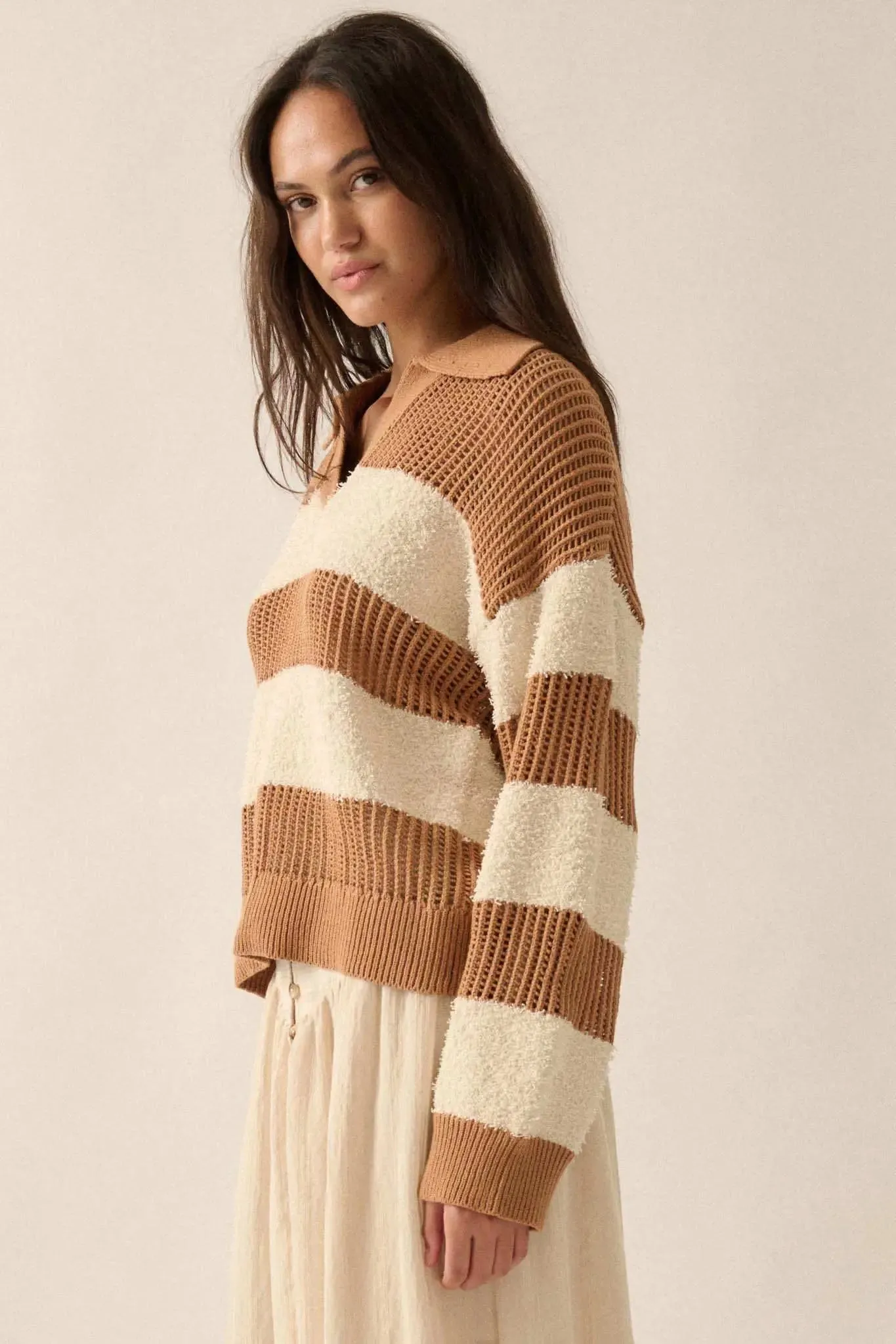 Raise the Bar Fuzzy Knit and Net Striped Sweater sold by Promesa product image thumbnail 5