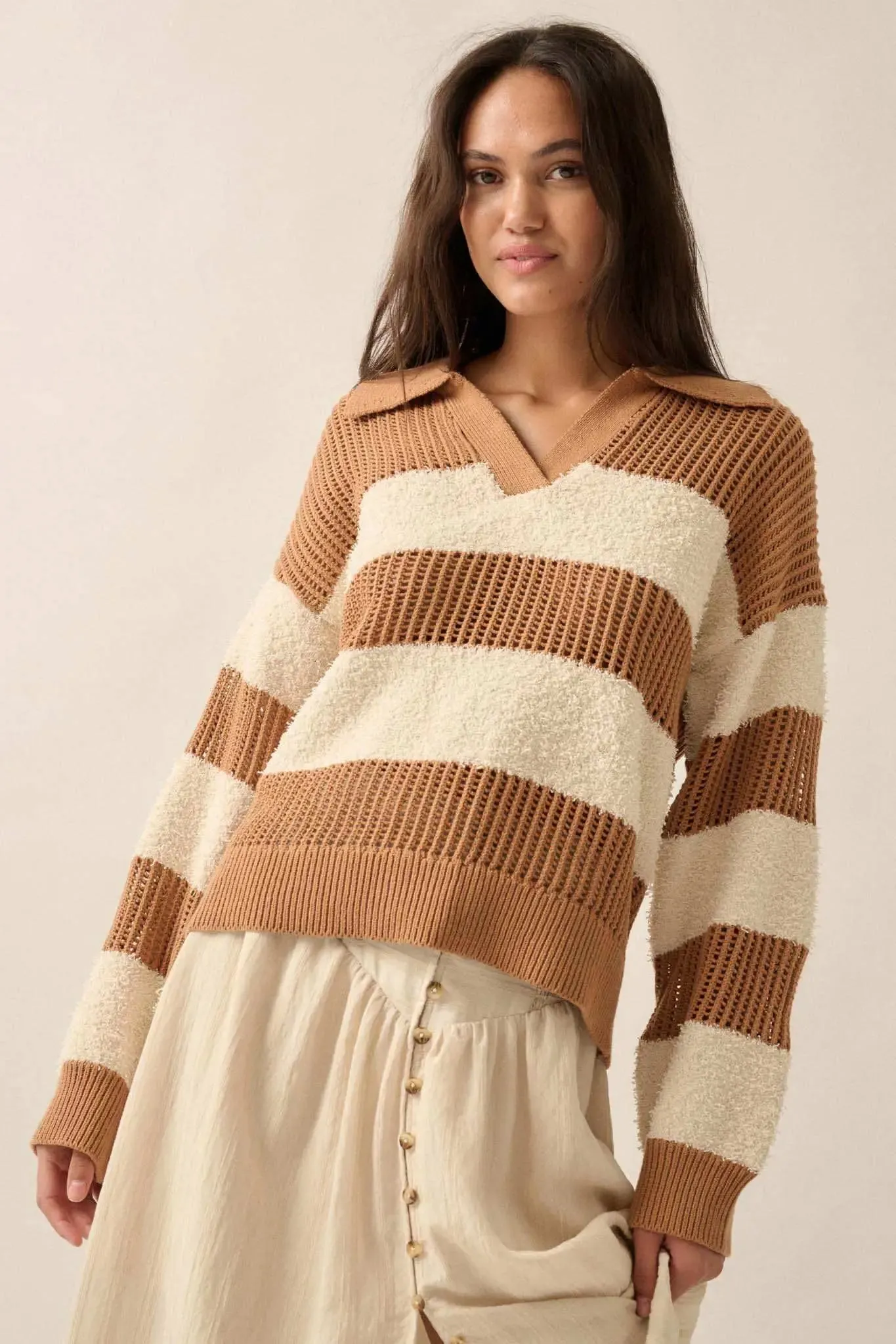 Raise the Bar Fuzzy Knit and Net Striped Sweater sold by Promesa product image thumbnail 3