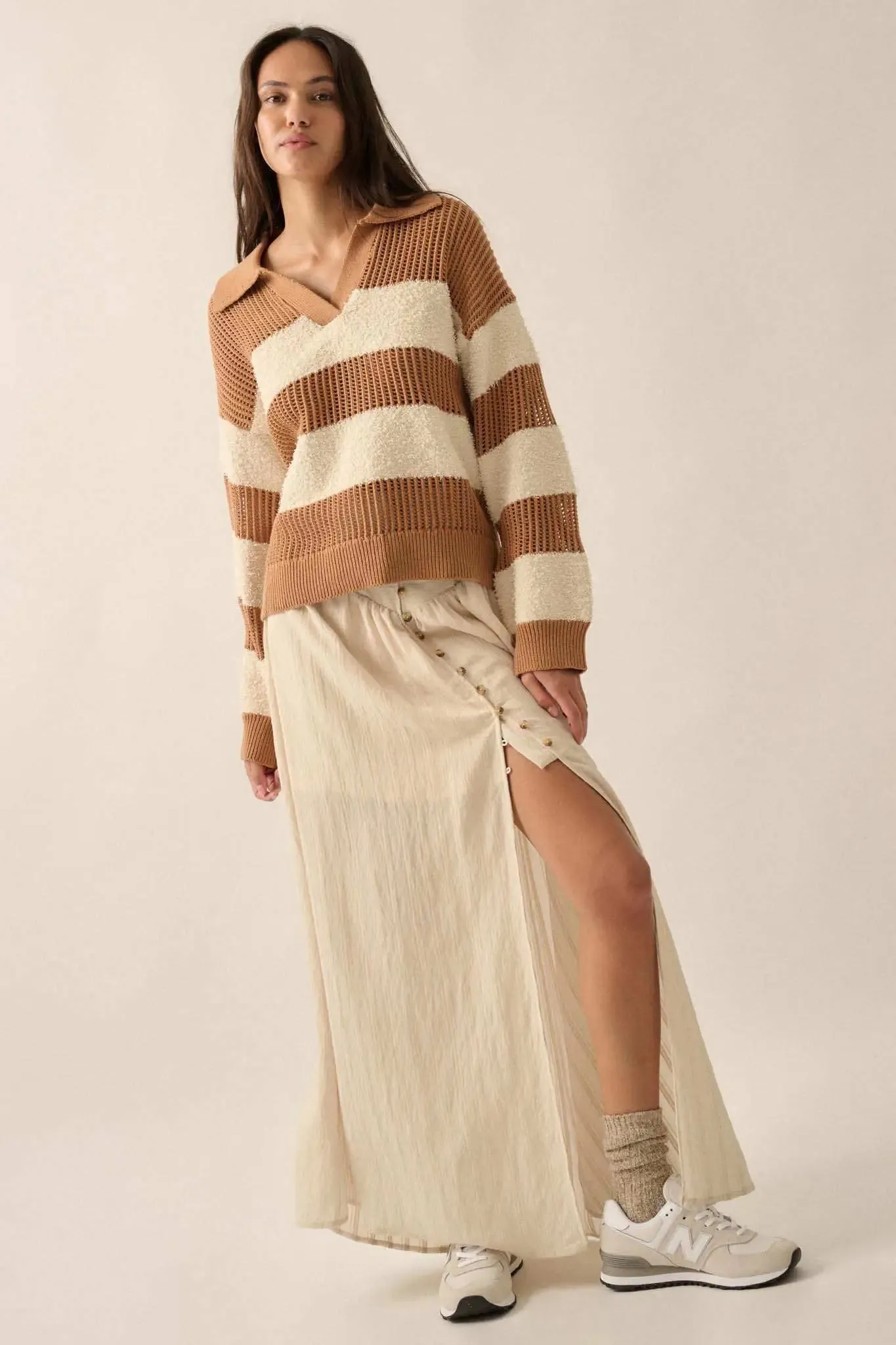 Raise the Bar Fuzzy Knit and Net Striped Sweater sold by Promesa product image thumbnail 4