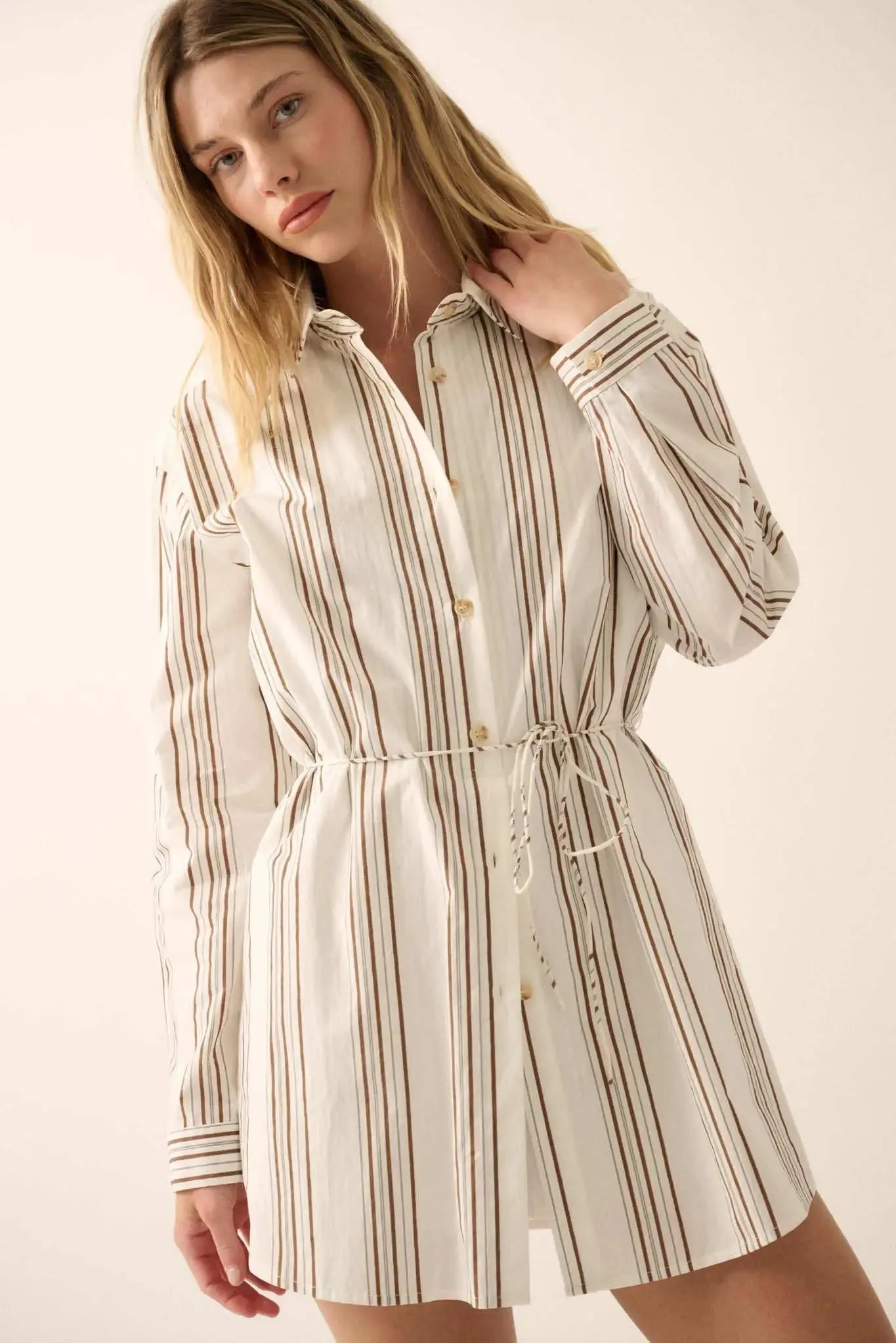 Bottom Line Striped Button-Up Belted Shirt Romper sold by Promesa product image thumbnail 4
