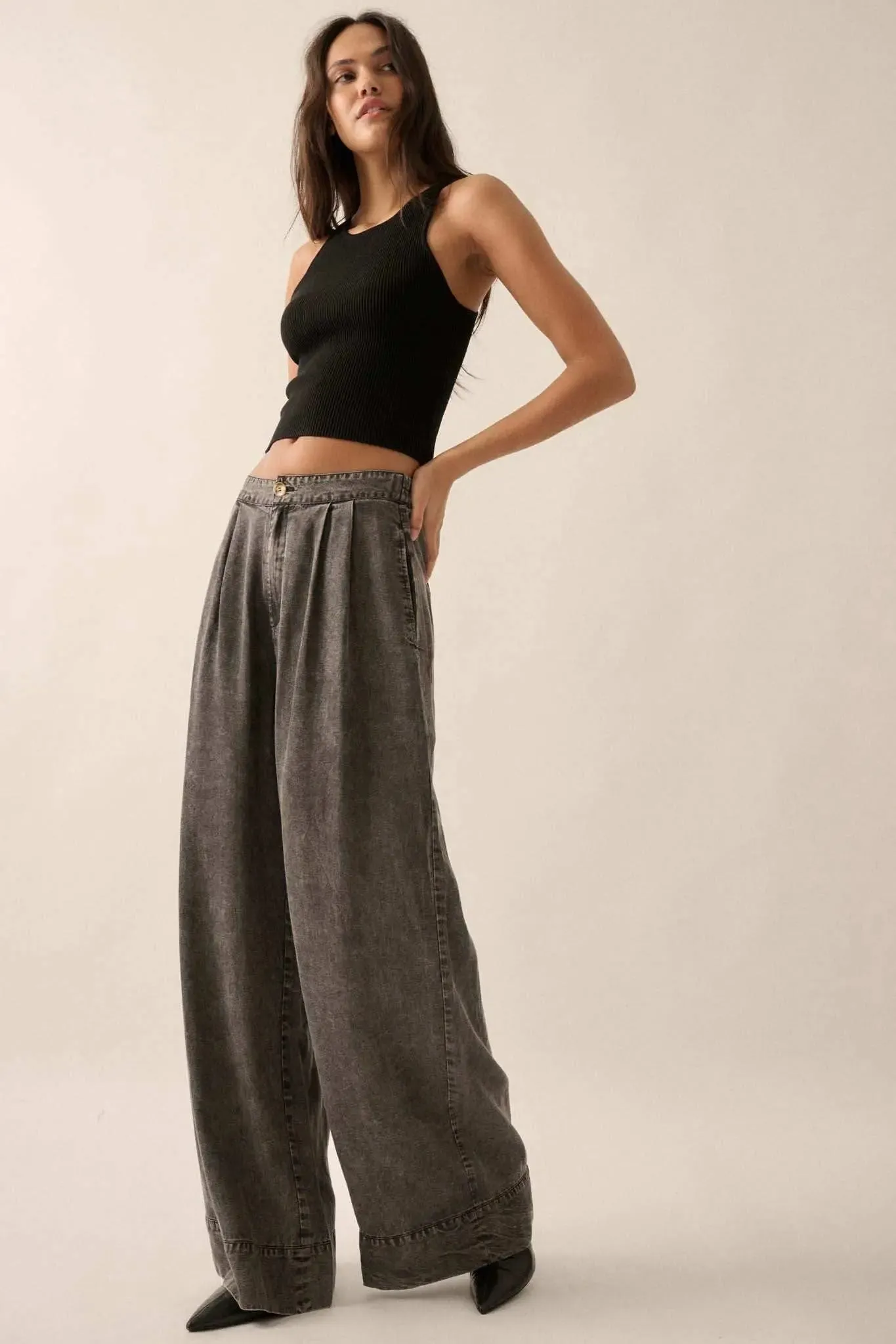 Walk It Off Acid-Wash Denim Pleated Wide-Leg Pants sold by Promesa