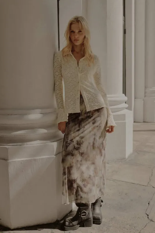 Smoke on the Water Tie-Dye Mesh Maxi Skirt sold by Promesa