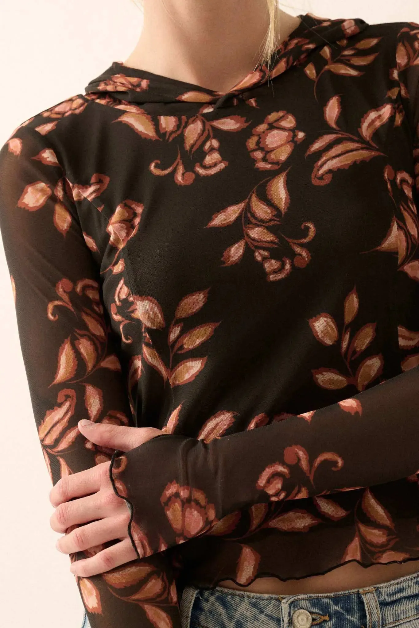 Fantastic Fall Floral Mesh Hooded Thumbhole Top sold by Promesa product image thumbnail 5