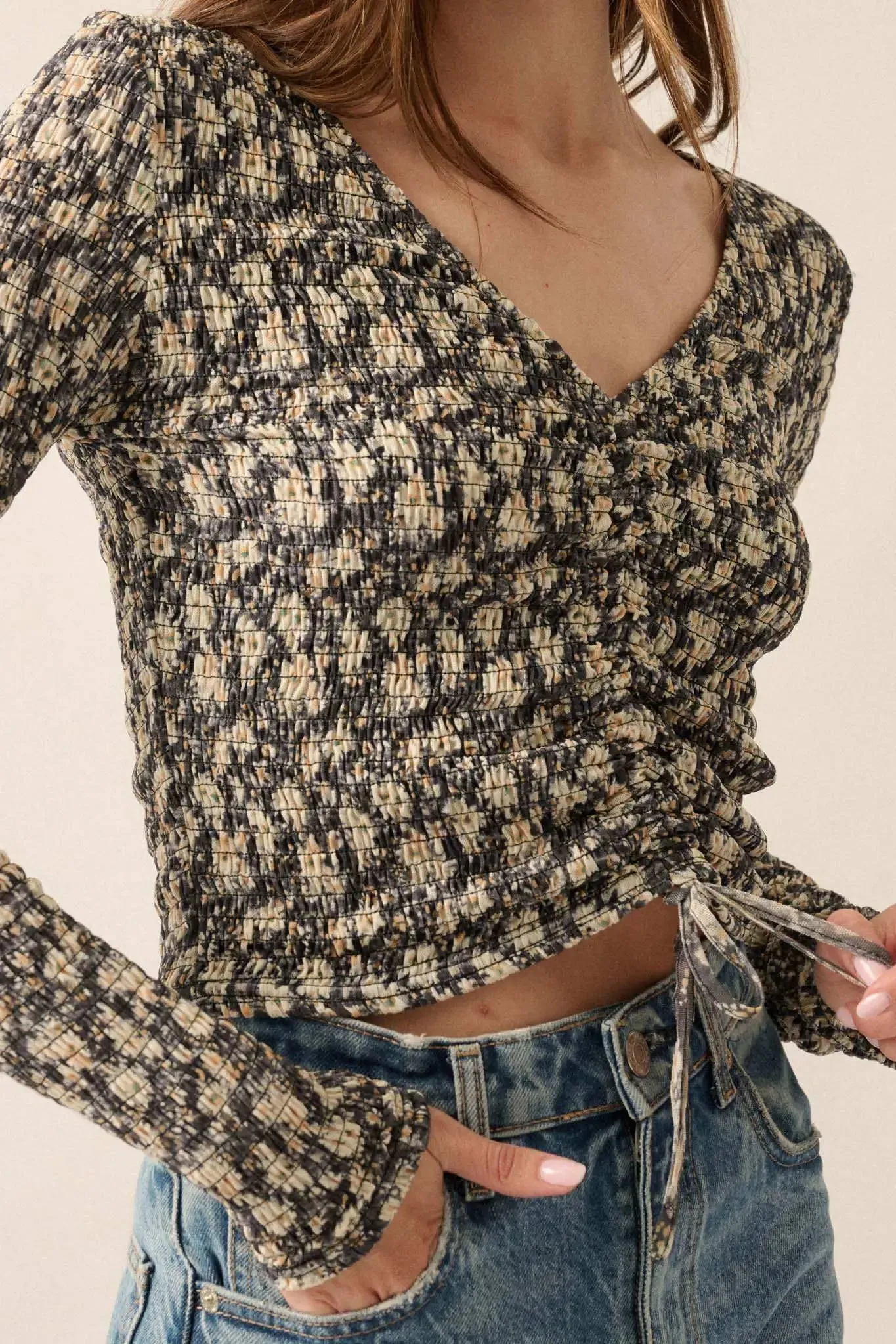 Bloom Boom Smocked Floral Mesh Drawstring Top sold by Promesa product image thumbnail 5