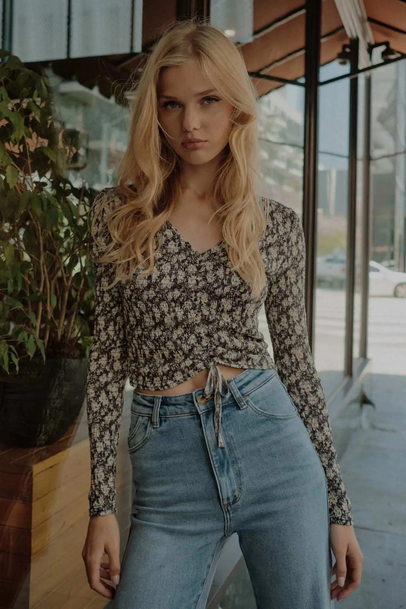 Bloom Boom Smocked Floral Mesh Drawstring Top sold by Promesa