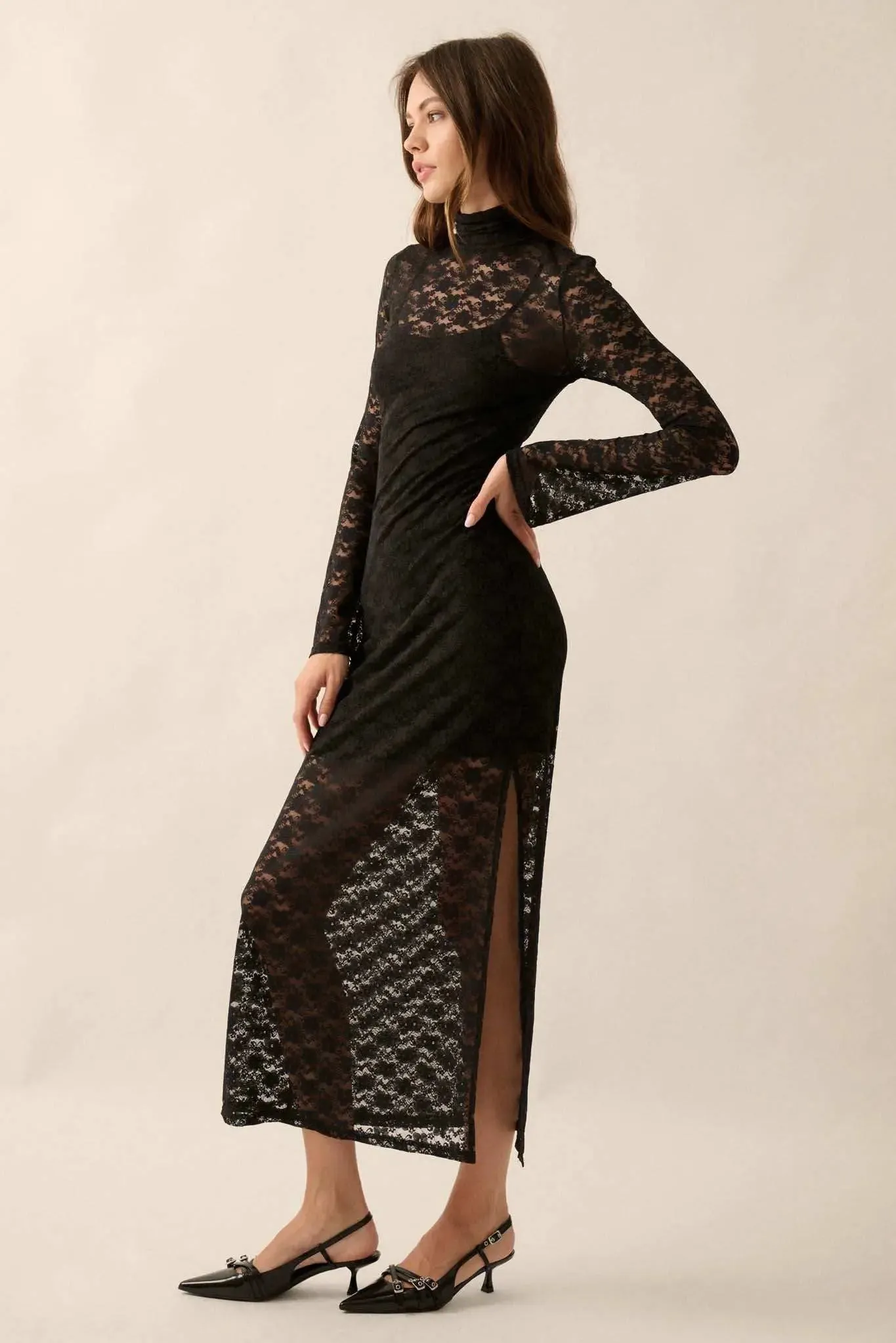 Black Honey Floral Lace Mock-Neck Midi Dress sold by Promesa product image thumbnail 5