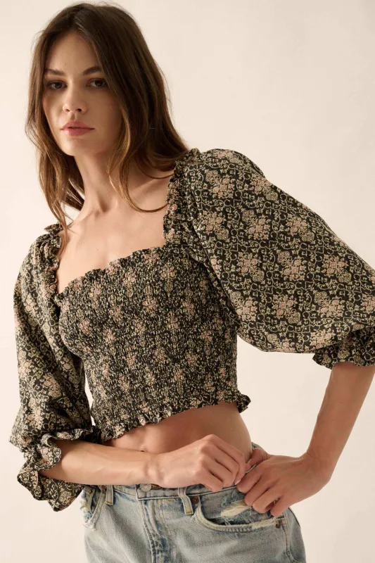 Timeless Beauty Ornate Floral Cropped Peasant Top sold by Promesa