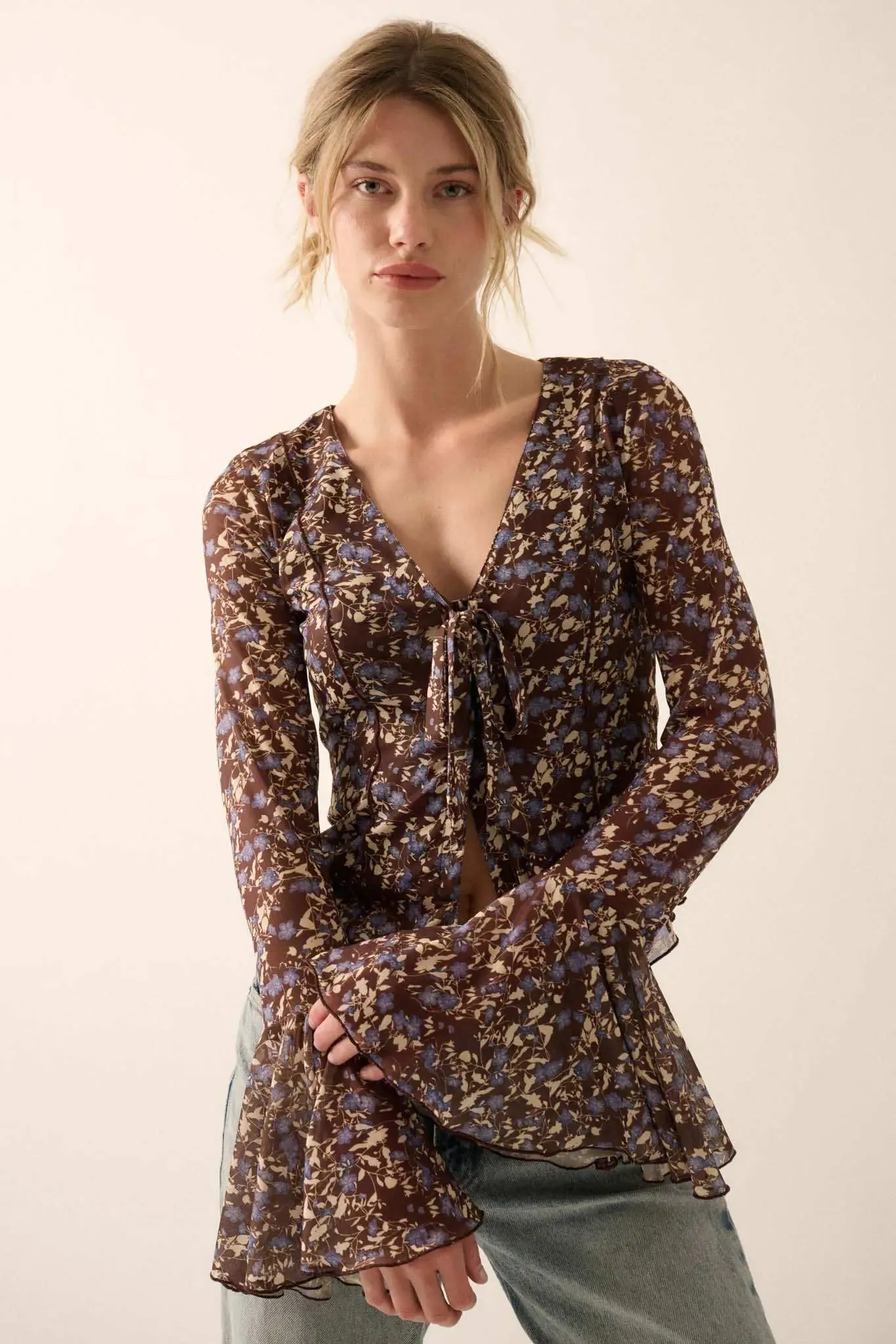 Sweet Violets Floral-Print Mesh Bell-Sleeve Top sold by Promesa product image thumbnail 3
