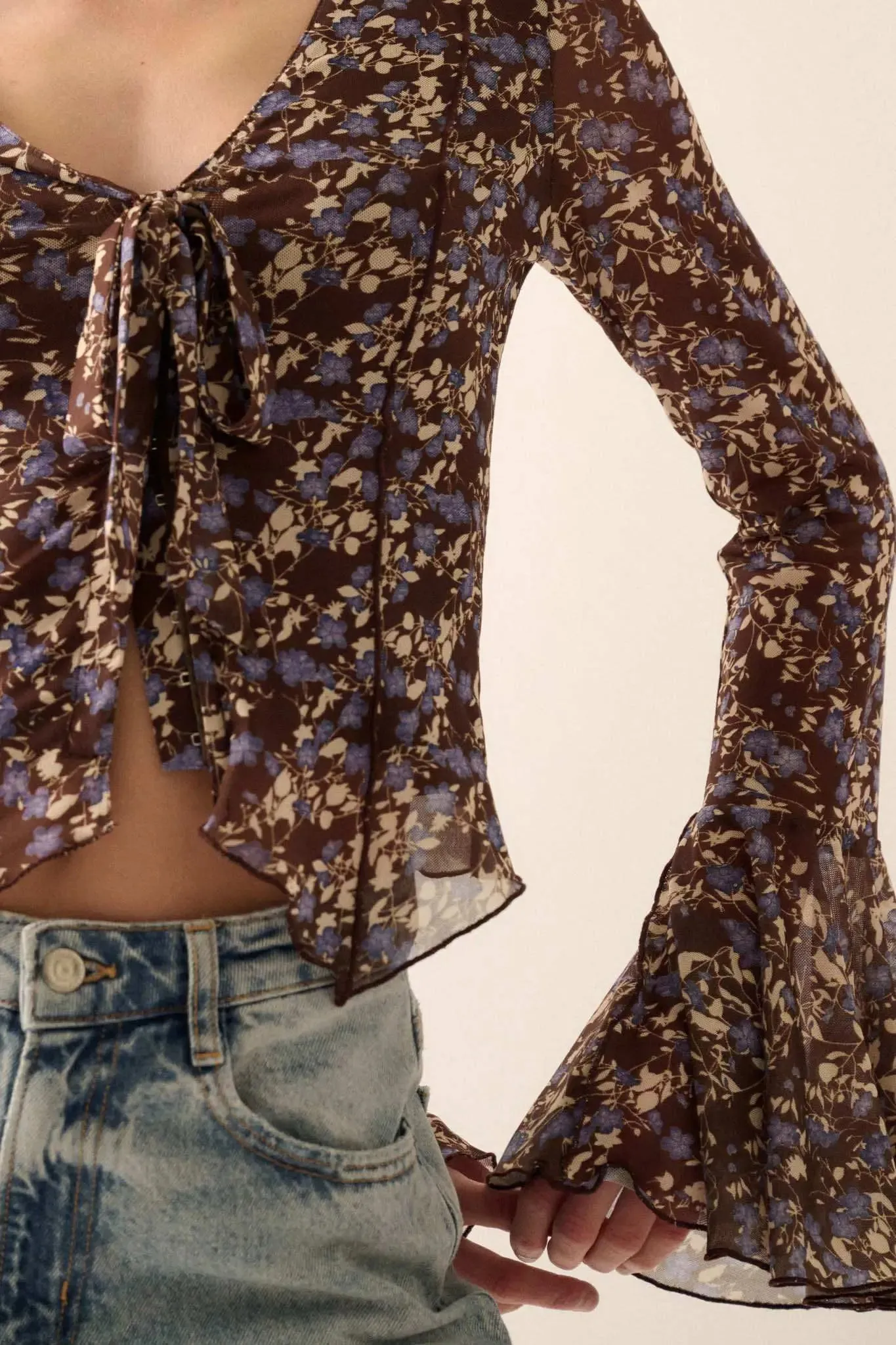 Sweet Violets Floral-Print Mesh Bell-Sleeve Top sold by Promesa product image thumbnail 4