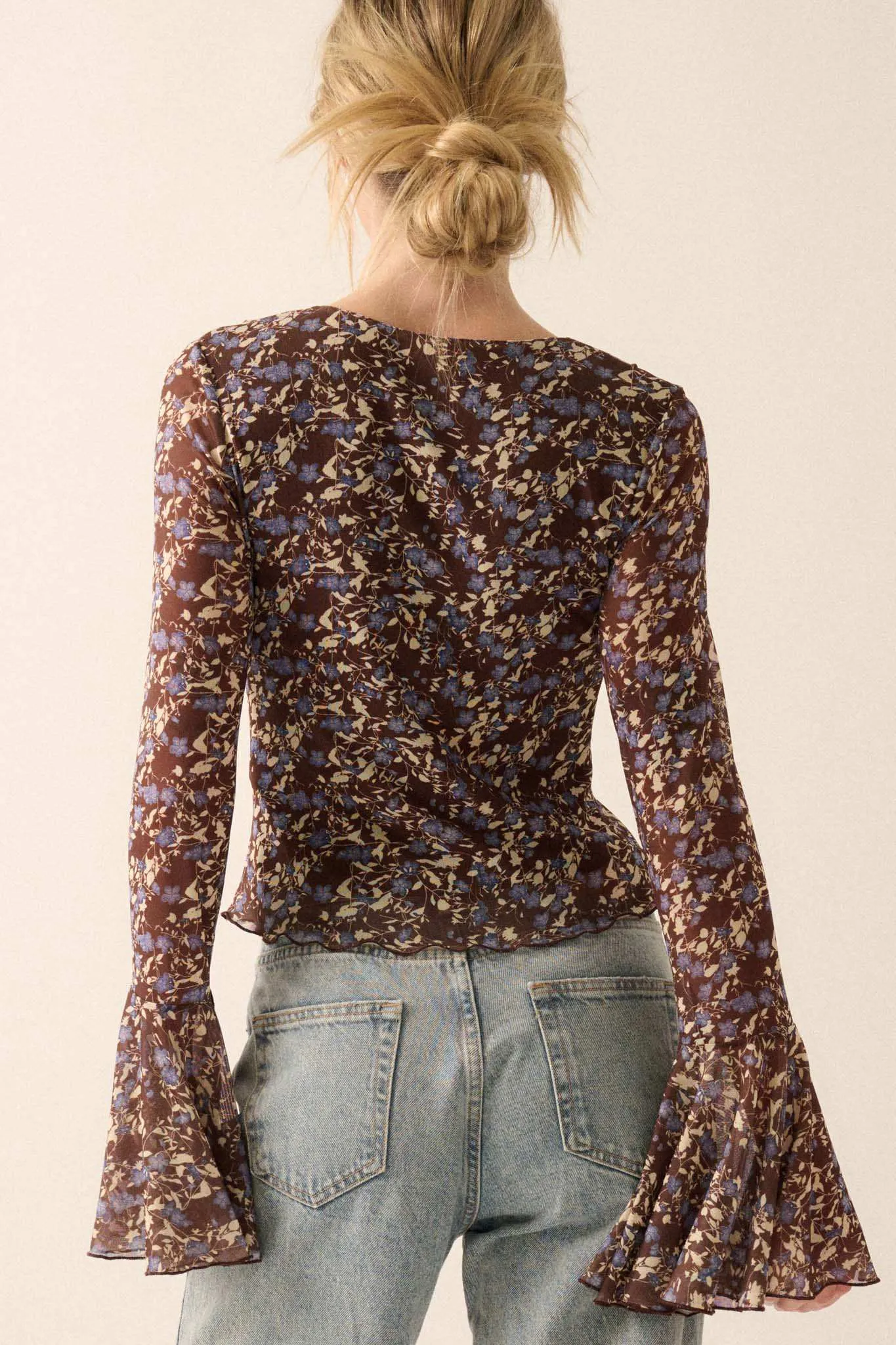 Sweet Violets Floral-Print Mesh Bell-Sleeve Top sold by Promesa product image thumbnail 2