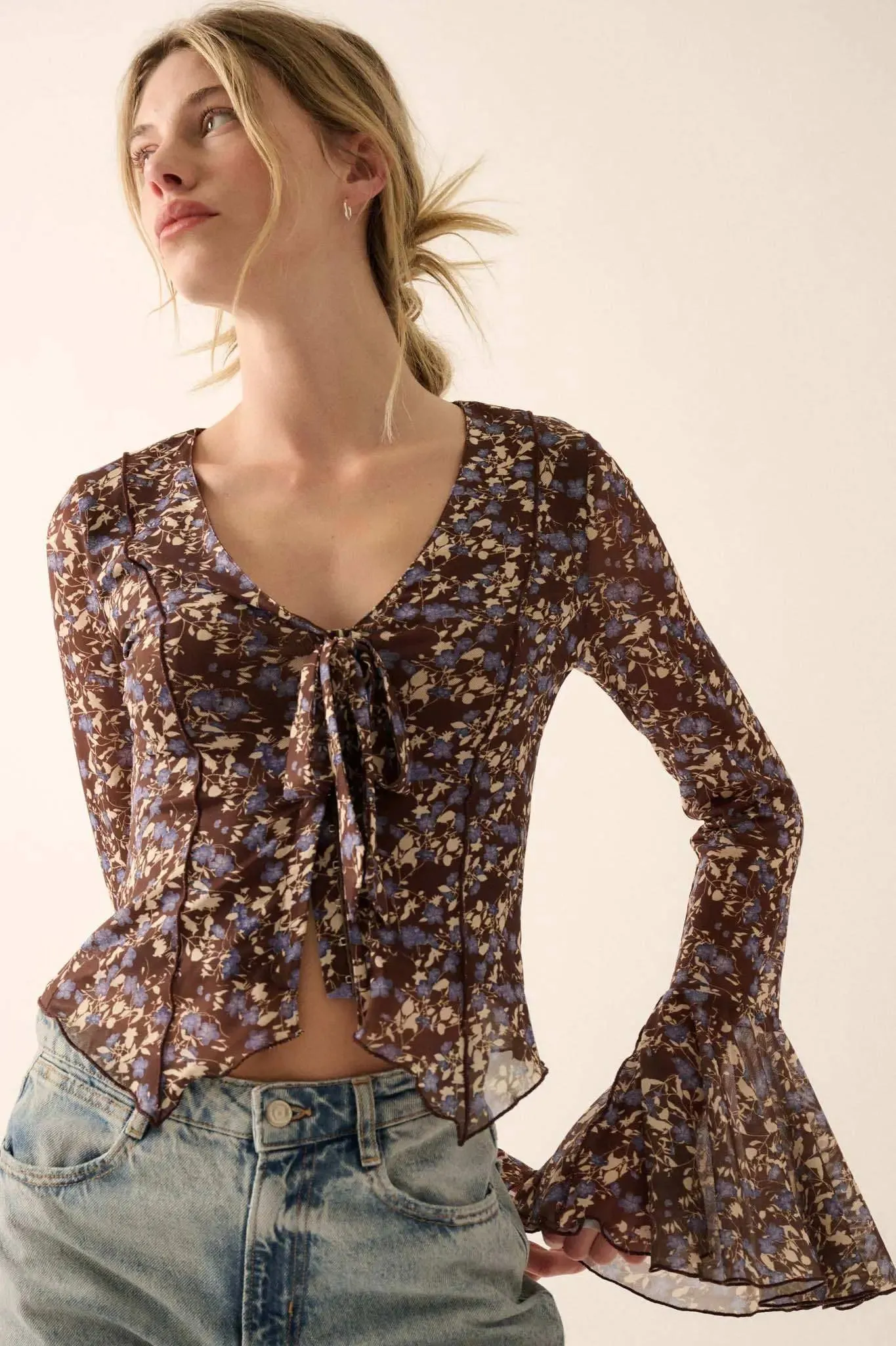 Sweet Violets Floral-Print Mesh Bell-Sleeve Top sold by Promesa