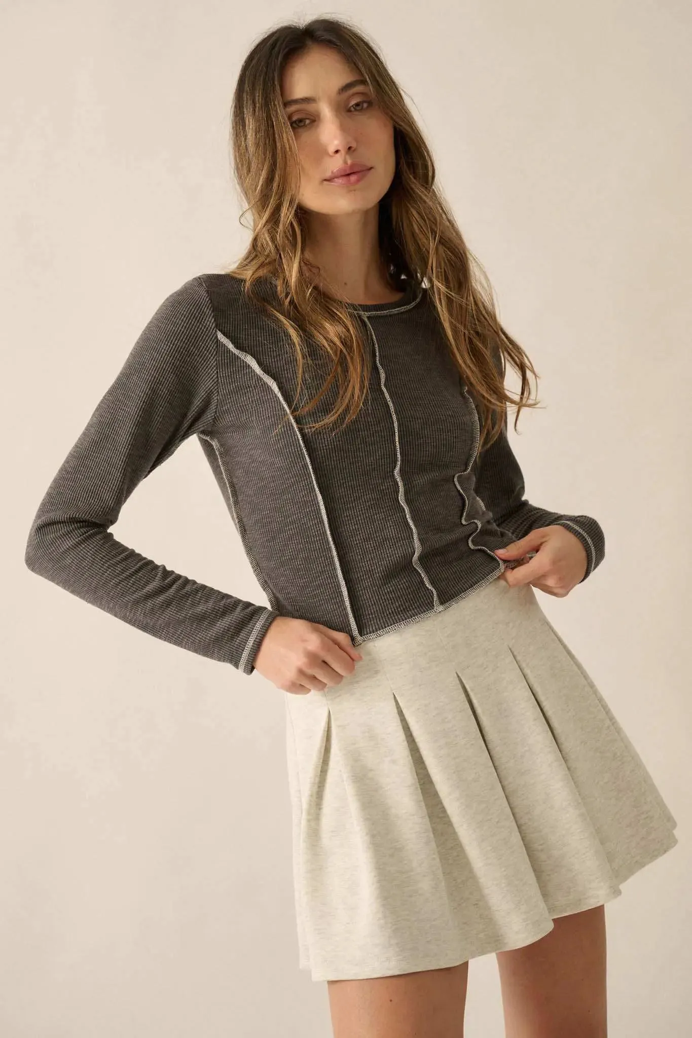 Wind Down Exposed-Seam Cropped Rib-Knit Top sold by Promesa product image thumbnail 5