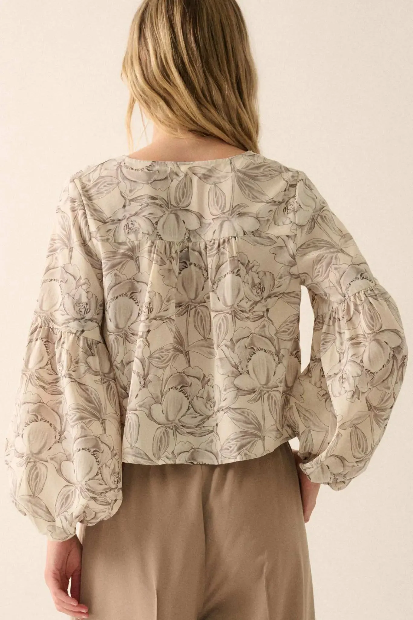 Placid Petals Floral Cropped Lace-Up Peasant Top sold by Promesa product image thumbnail 2