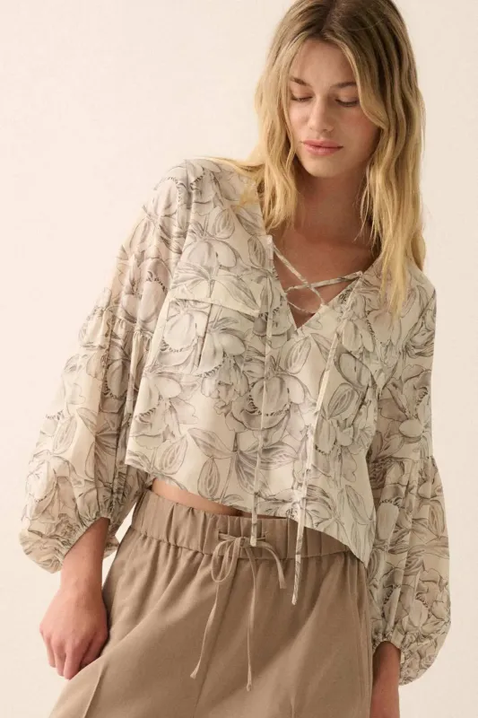 Placid Petals Floral Cropped Lace-Up Peasant Top sold by Promesa