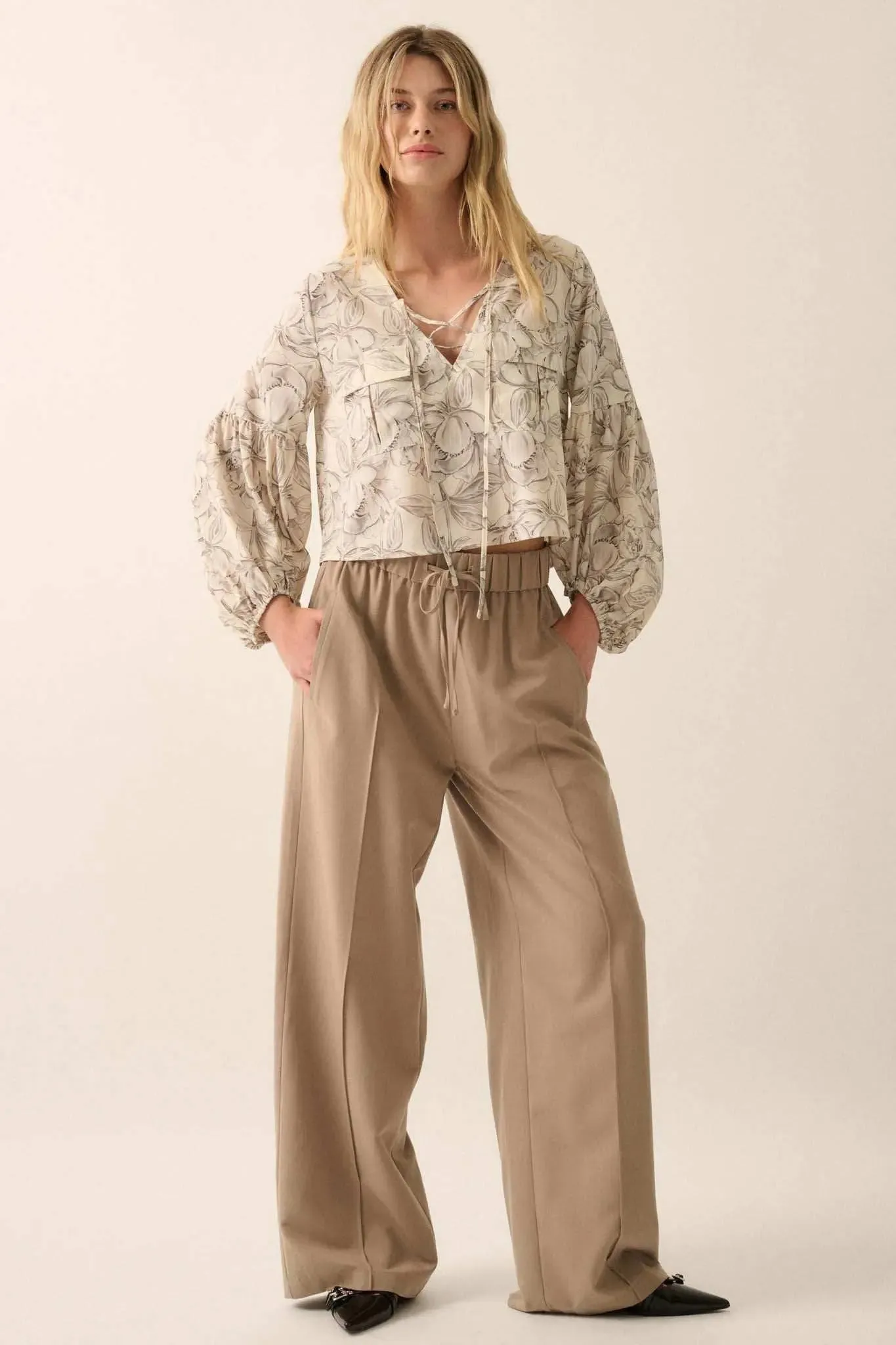 Placid Petals Floral Cropped Lace-Up Peasant Top sold by Promesa product image thumbnail 3