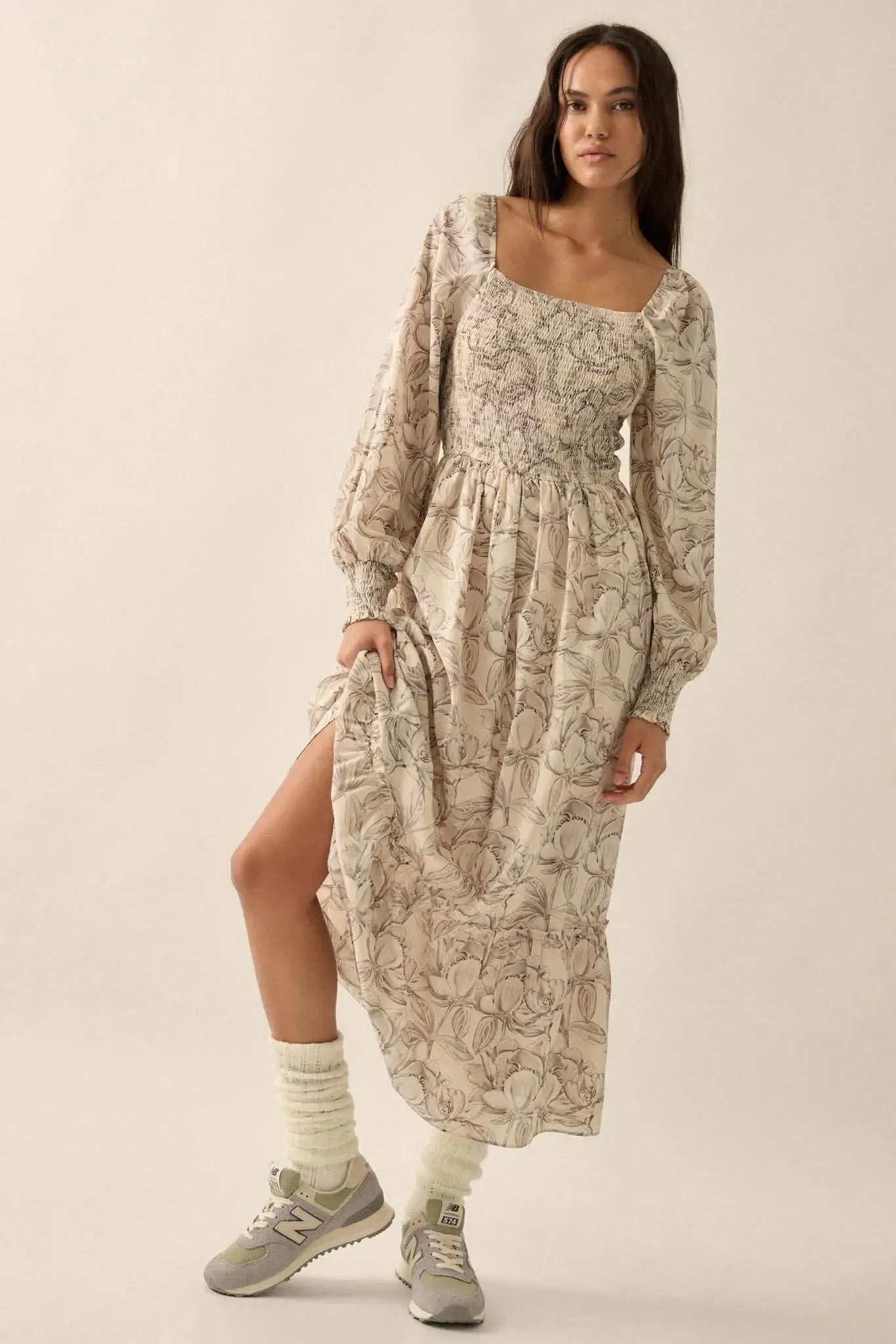 Serene Garden Floral Smocked Peasant Midi Dress sold by Promesa product image thumbnail 5