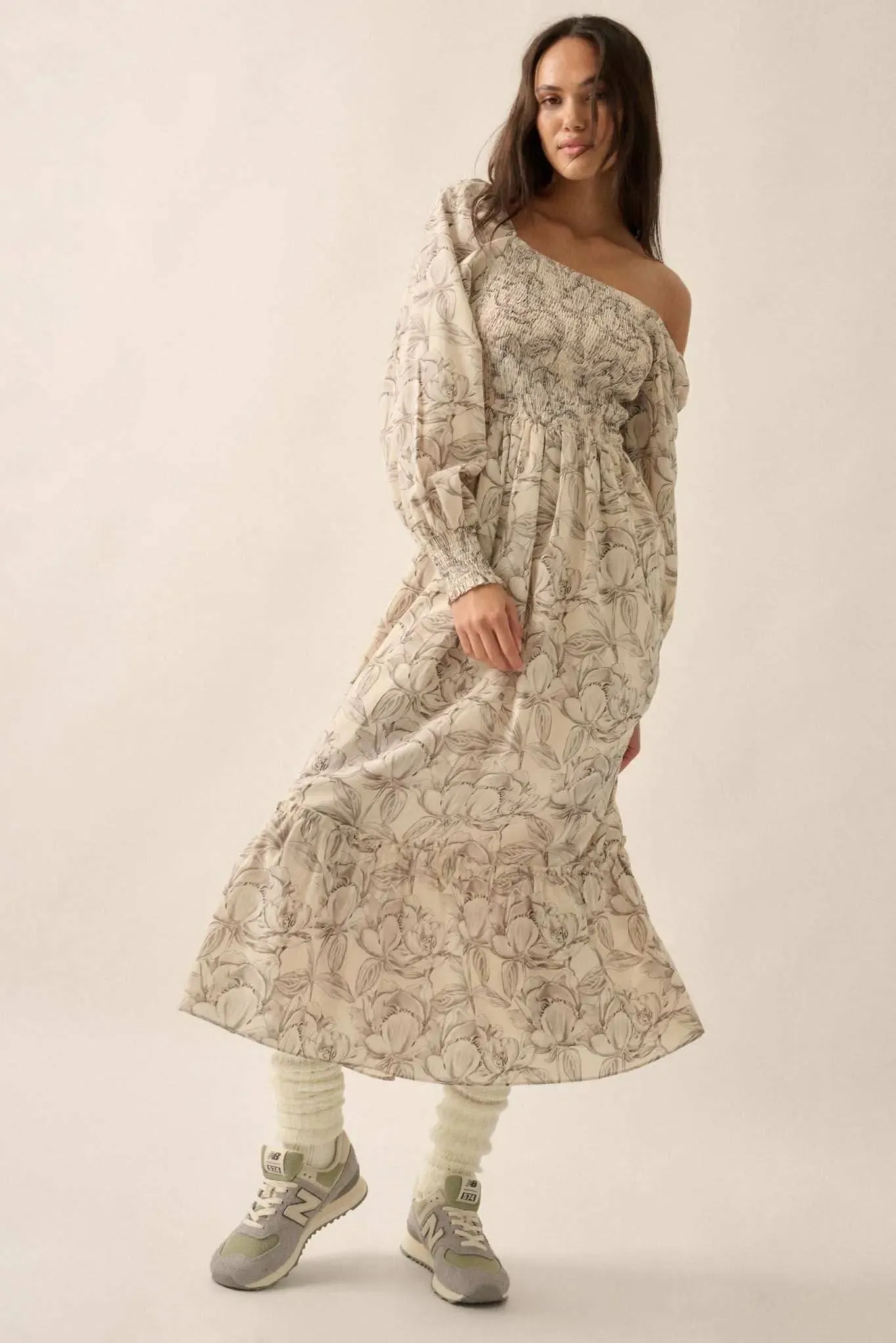 Serene Garden Floral Smocked Peasant Midi Dress sold by Promesa
