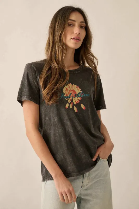 Feel Alive Vintage-Wash Flower Graphic Tee sold by Promesa