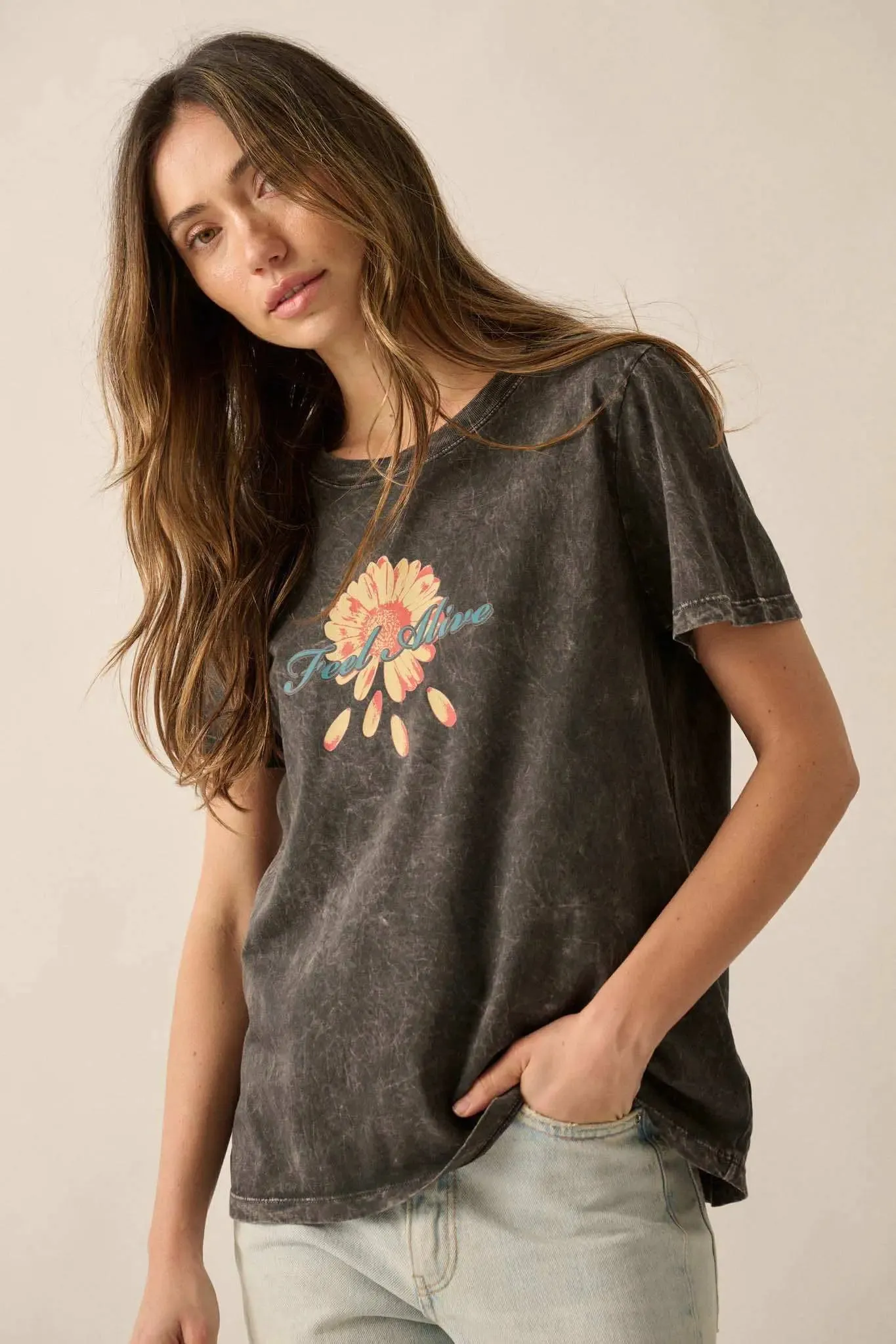 Feel Alive Vintage-Wash Flower Graphic Tee sold by Promesa product image thumbnail 5