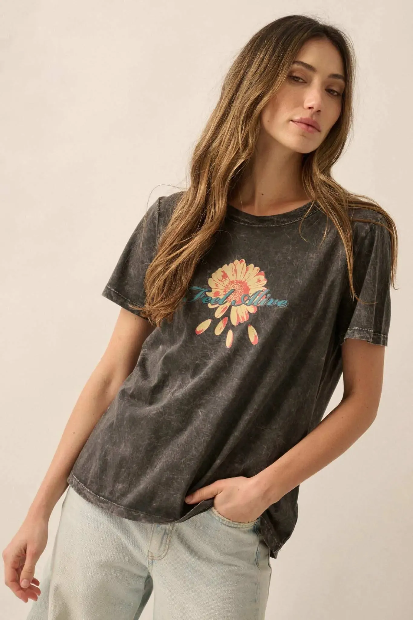 Feel Alive Vintage-Wash Flower Graphic Tee sold by Promesa product image thumbnail 3