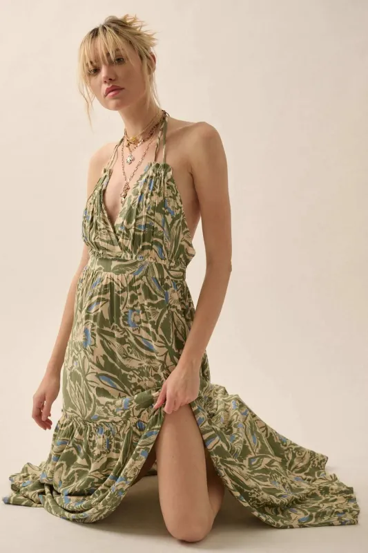 Palm Paradise Tropical Floral Halter Maxi Dress sold by Promesa