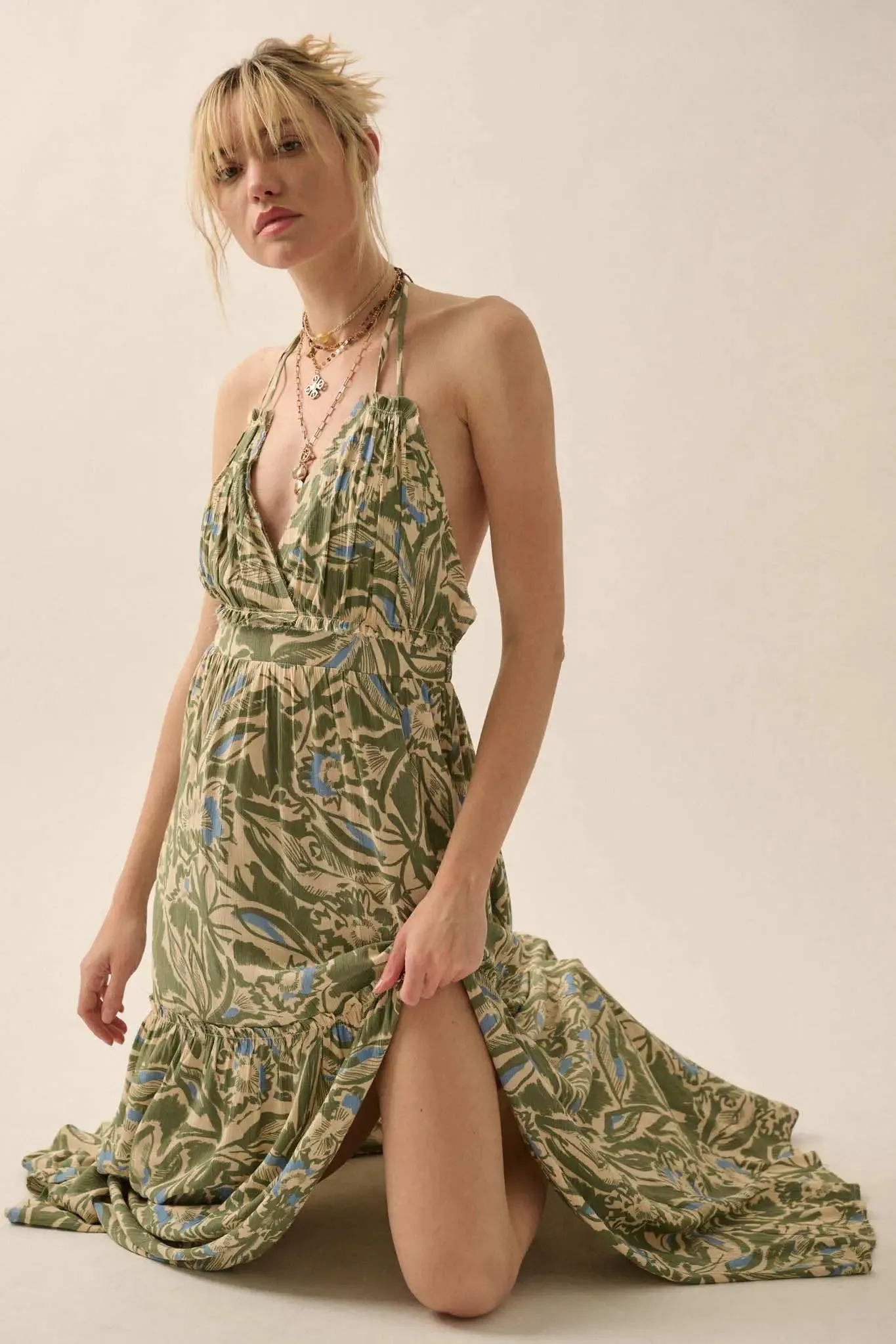Palm Paradise Tropical Floral Halter Maxi Dress sold by Promesa