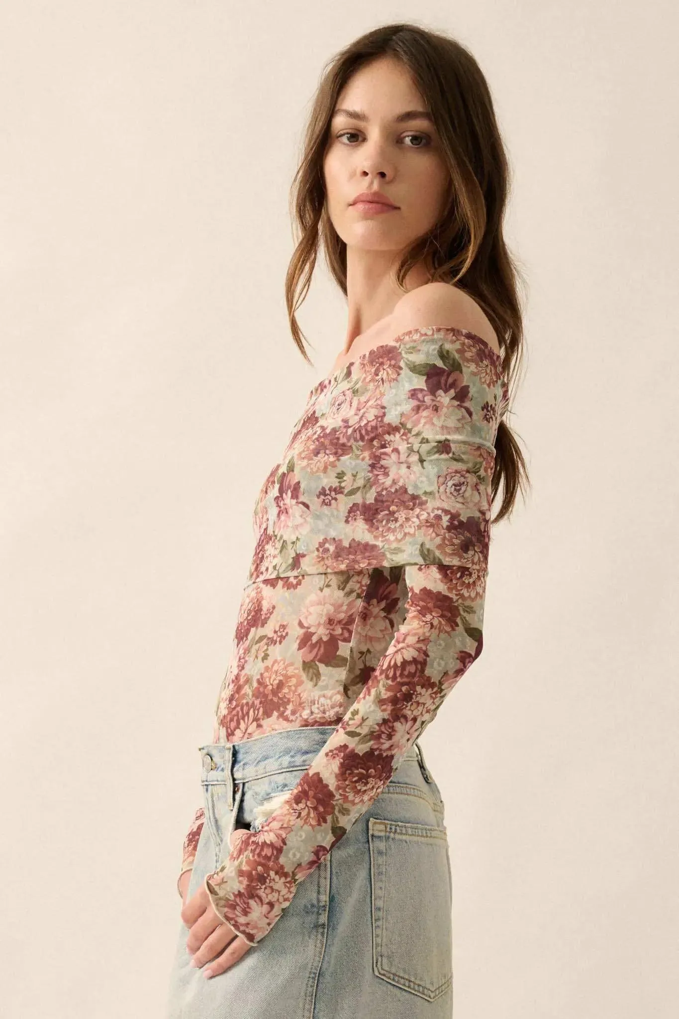 Tender Petals Floral Mesh Foldover Bodysuit sold by Promesa product image thumbnail 5
