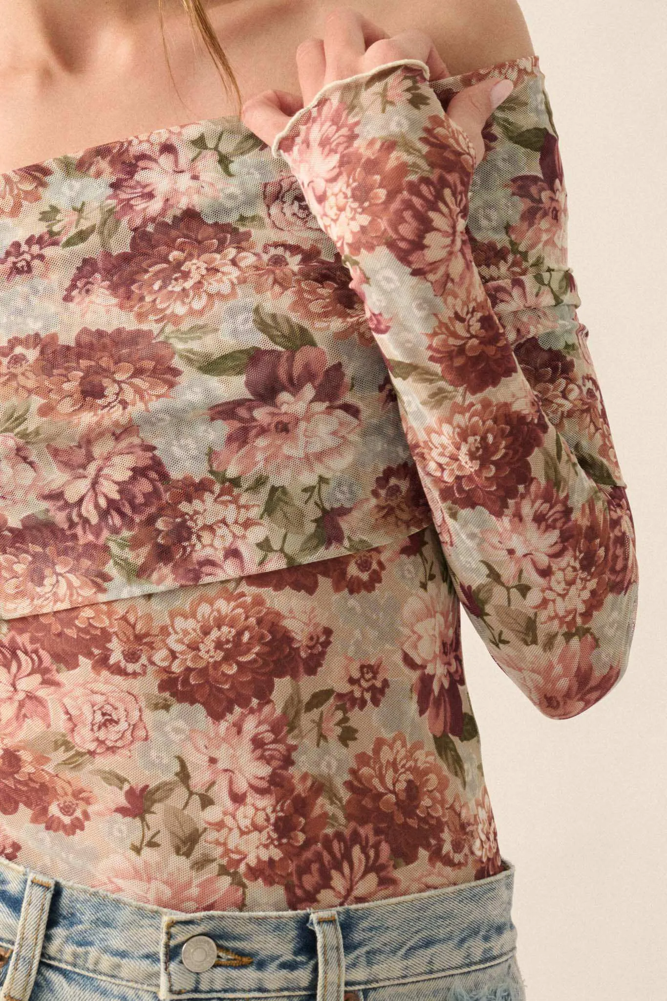 Tender Petals Floral Mesh Foldover Bodysuit sold by Promesa product image thumbnail 3