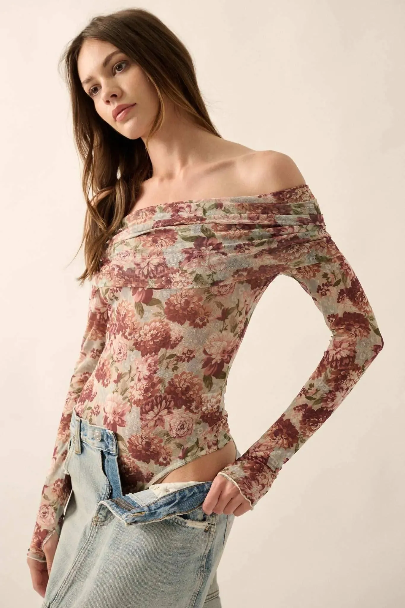 Tender Petals Floral Mesh Foldover Bodysuit sold by Promesa product image thumbnail 2