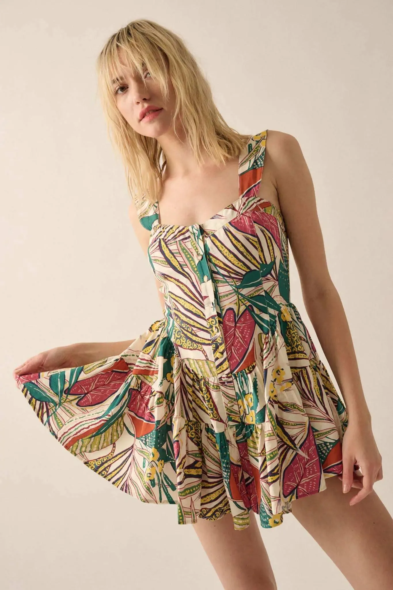 Island Oasis Tropical Floral Fit-and-Flare Romper sold by Promesa