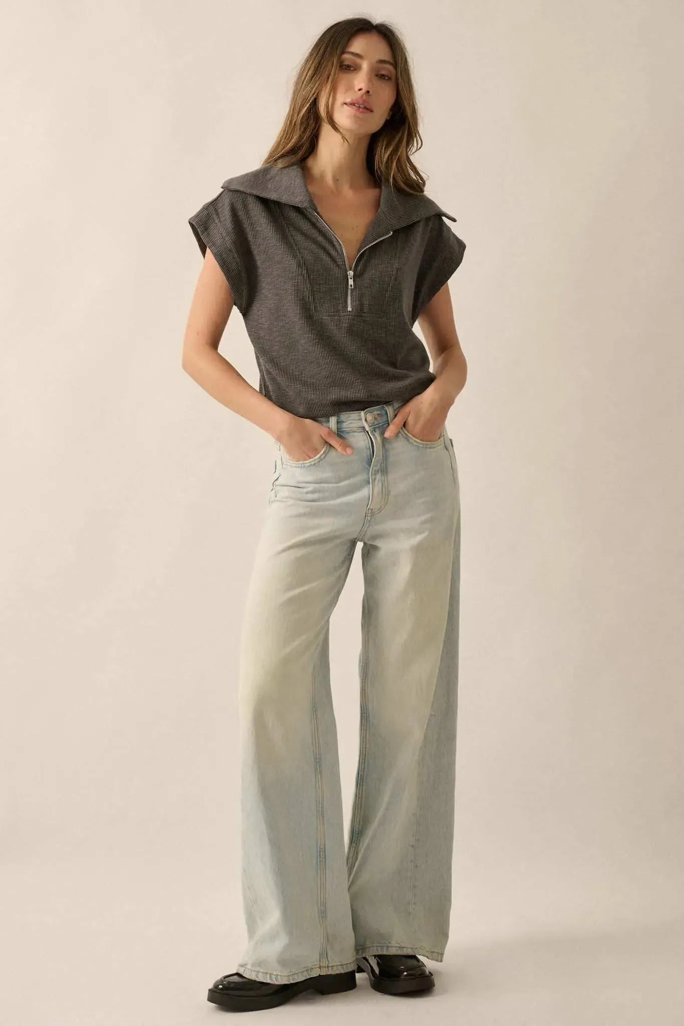 Show Time Rib-Knit Kimono-Sleeve Half-Zip Top sold by Promesa product image thumbnail 4