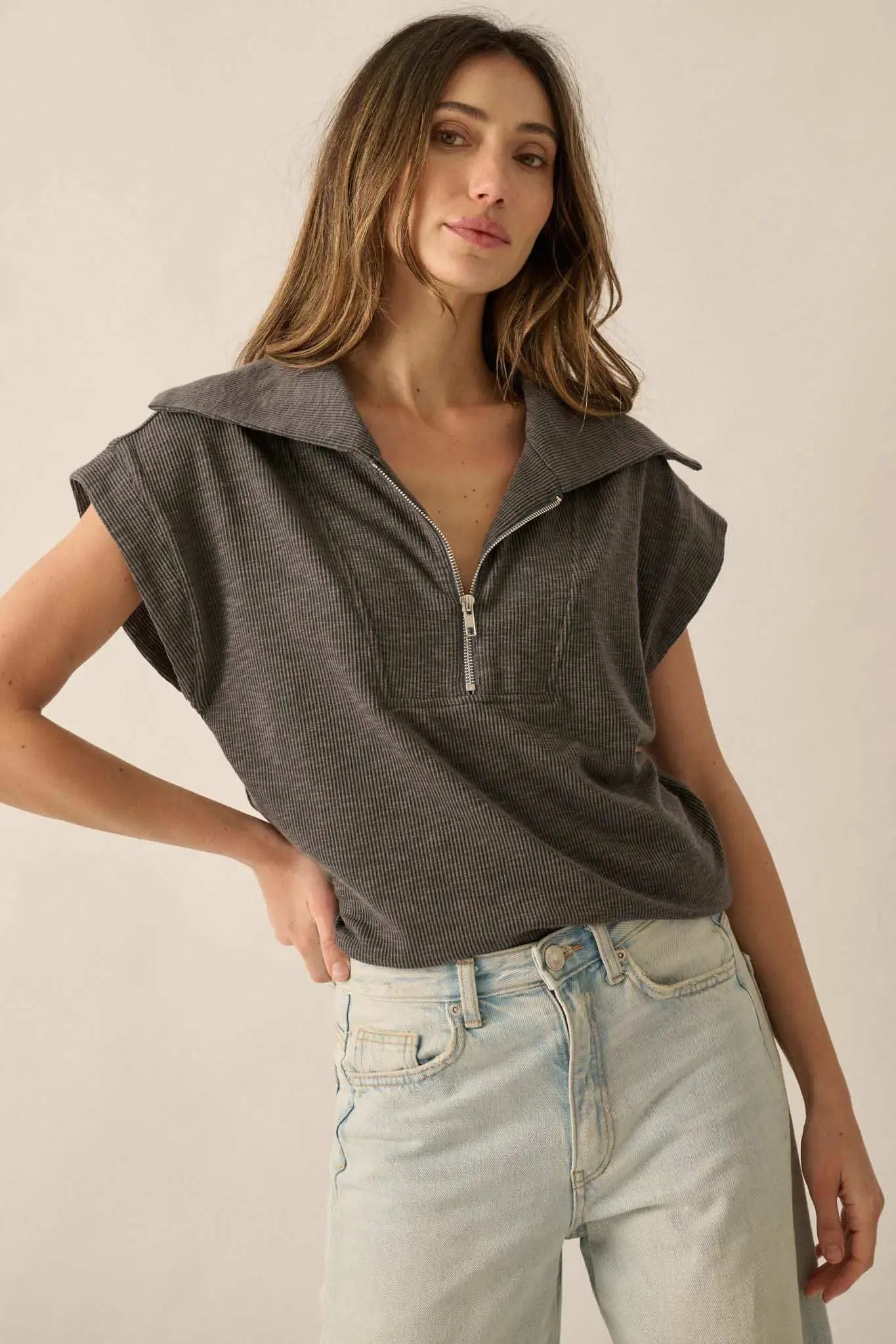 Show Time Rib-Knit Kimono-Sleeve Half-Zip Top sold by Promesa product image thumbnail 3