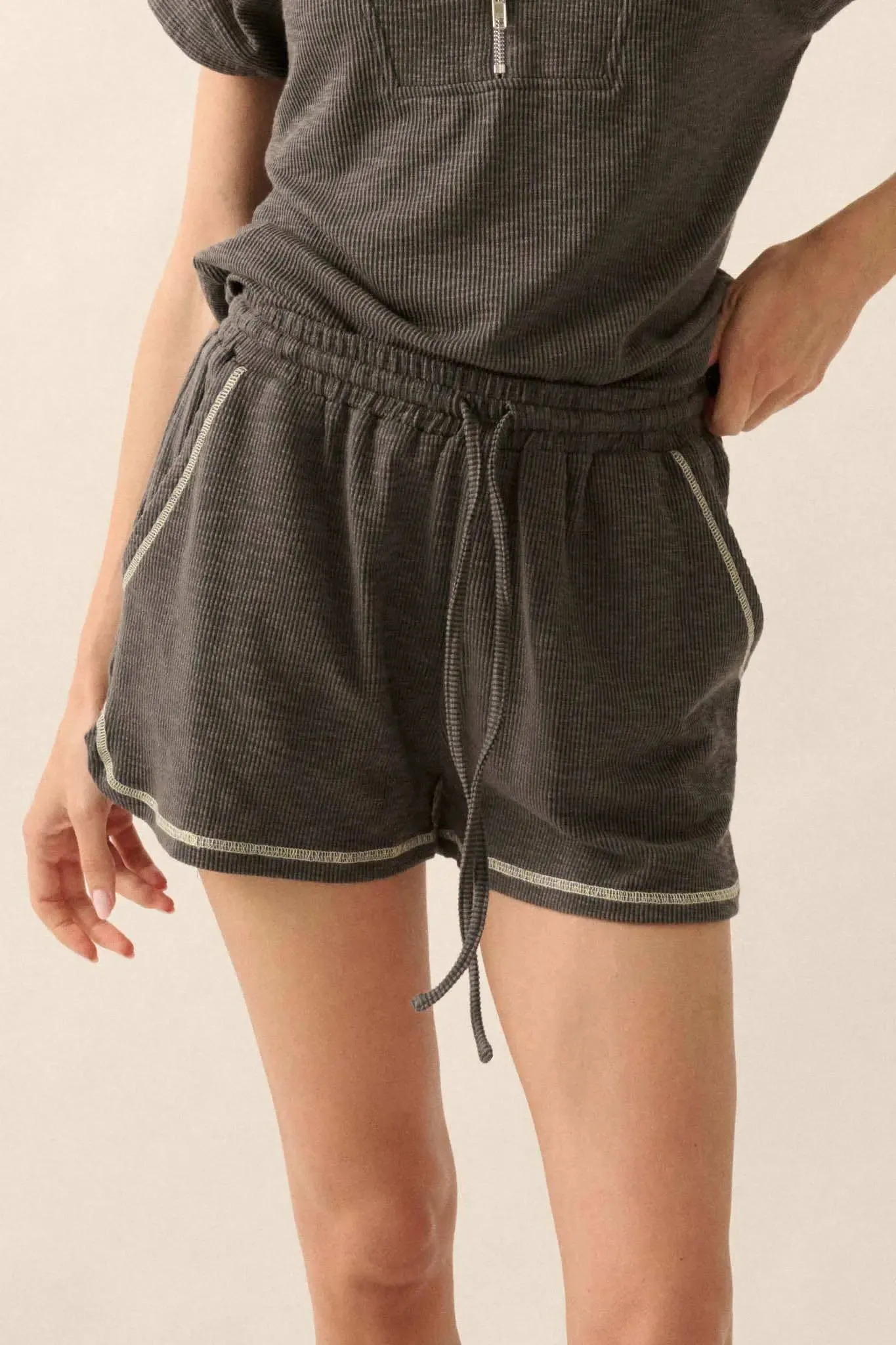 Run the Show Contrast-Stitch Rib-Knit Shorts sold by Promesa