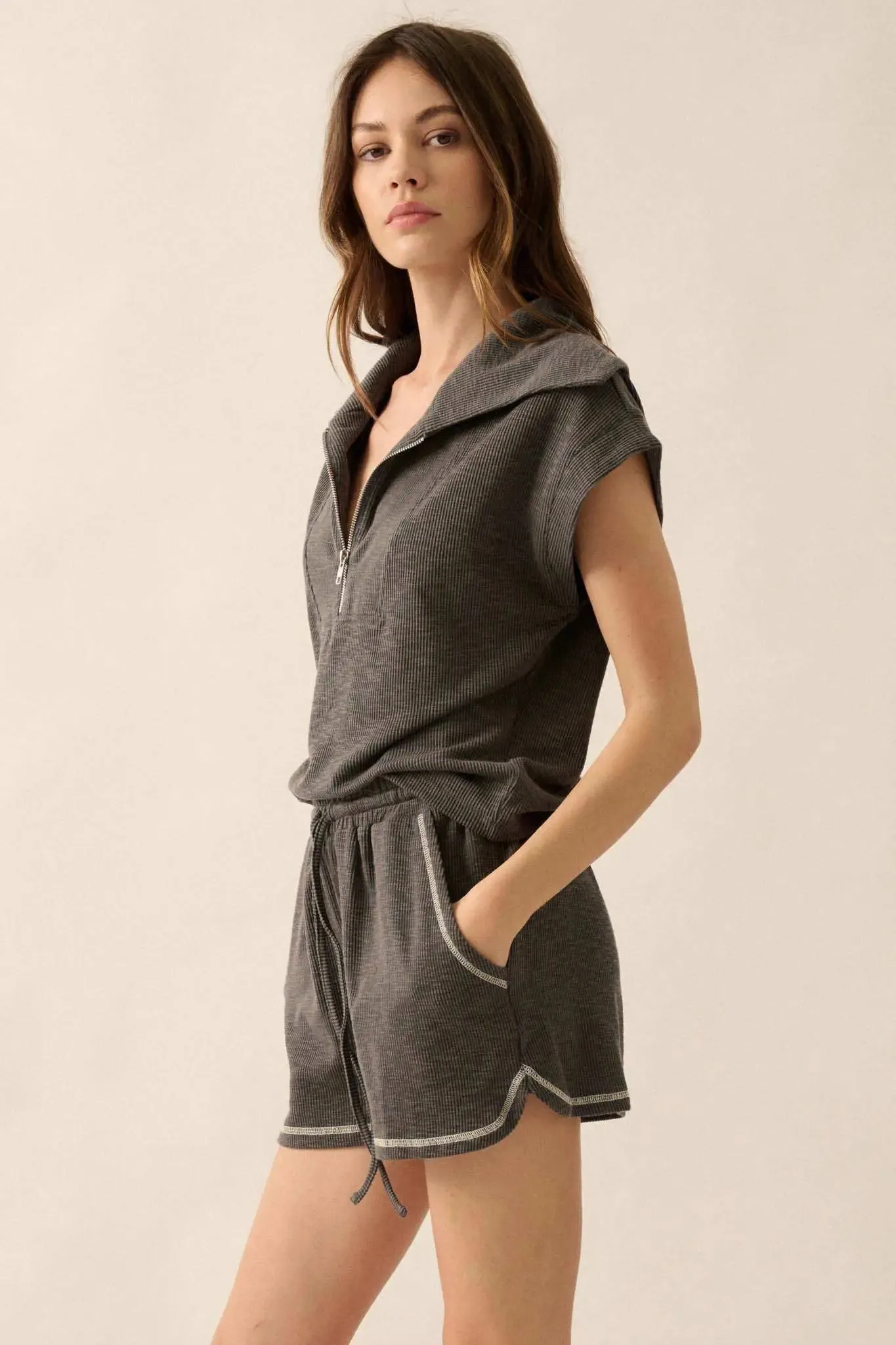 Run the Show Contrast-Stitch Rib-Knit Shorts sold by Promesa product image thumbnail 4