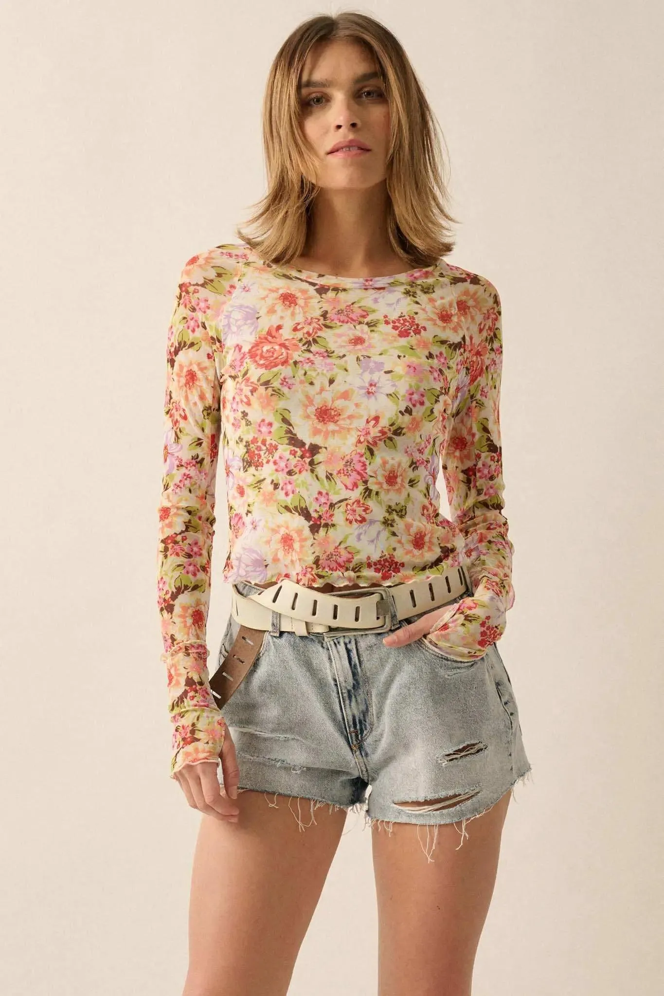 Bold Blossoms Floral Mesh Long-Sleeve Top sold by Promesa product image thumbnail 3