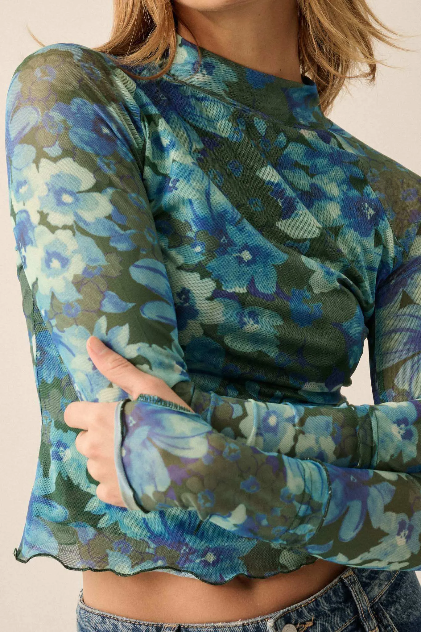 Bloom for Me Floral Mesh Mock-Neck Long-Sleeve Top sold by Promesa product image thumbnail 4
