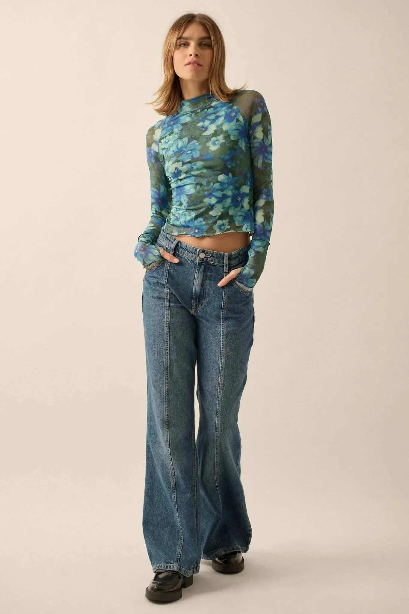 Bloom for Me Floral Mesh Mock-Neck Long-Sleeve Top sold by Promesa product image thumbnail 3