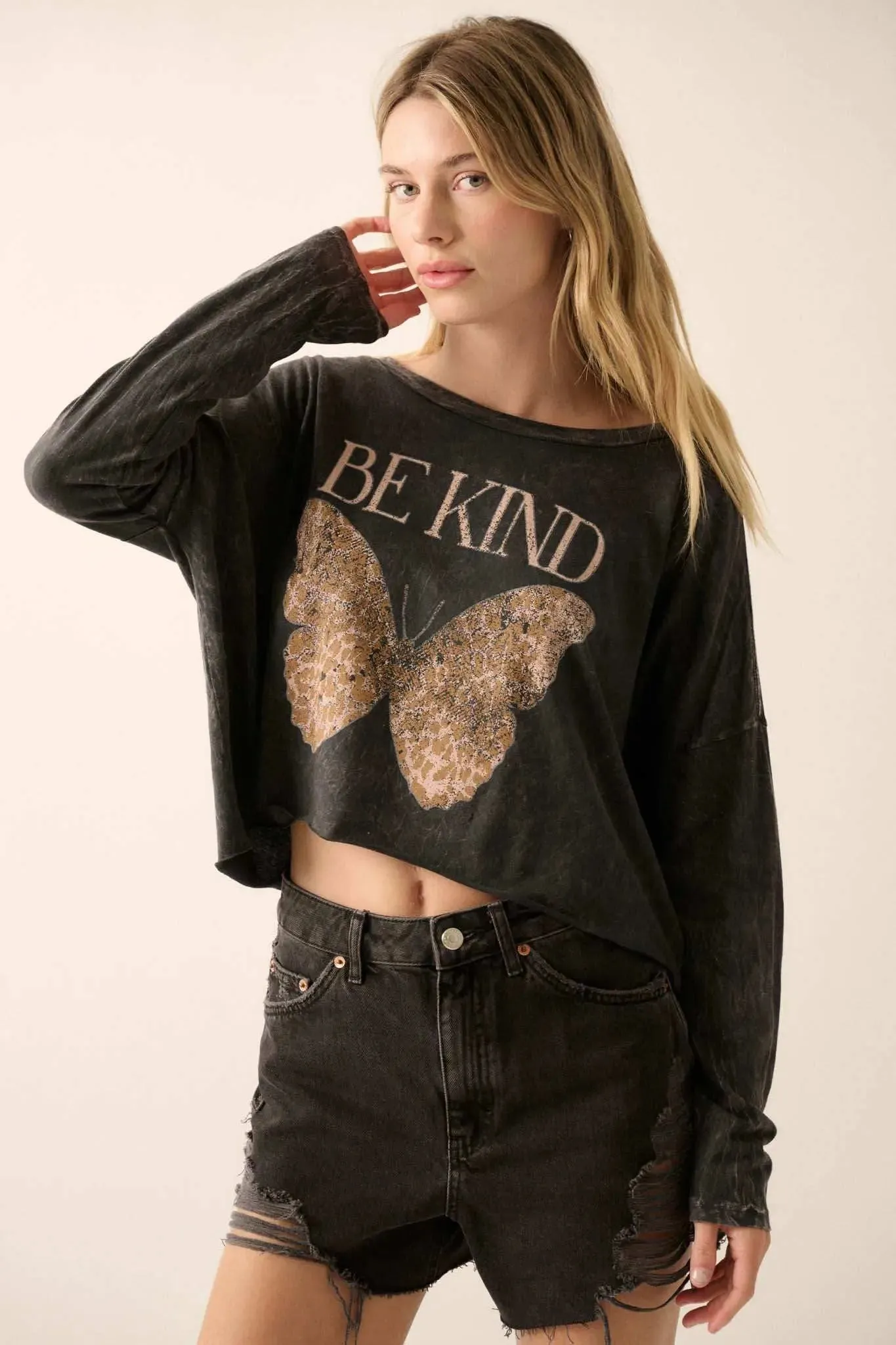 Be Kind Butterfly Cropped Long-Sleeve Graphic Tee sold by Promesa product image thumbnail 4