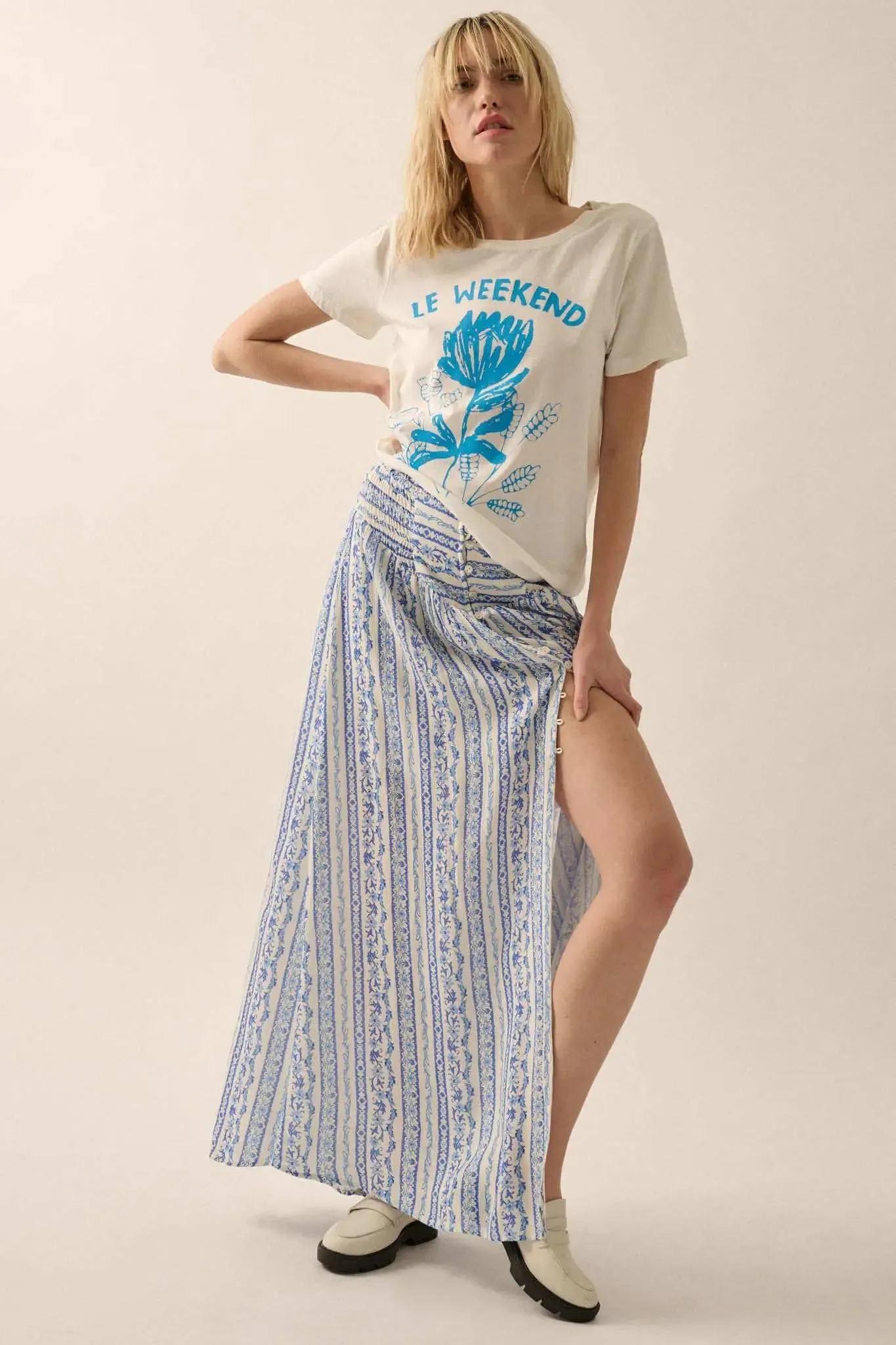 Wildflower Field Floral-Stripe Buttoned Maxi Skirt sold by Promesa product image thumbnail 5