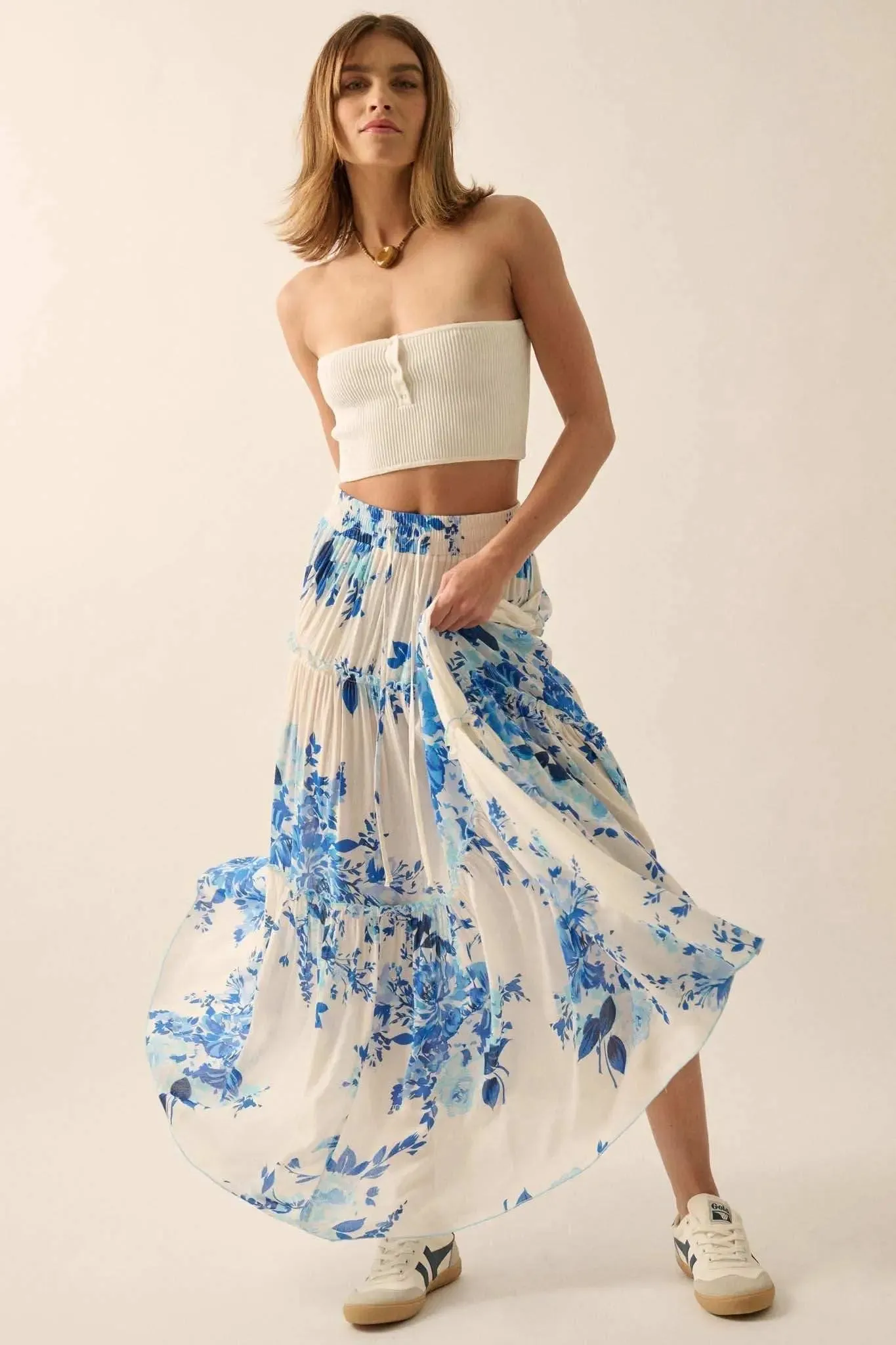 Cobalt Corsage Floral Tiered Ruffle Maxi Skirt sold by Promesa product image thumbnail 5