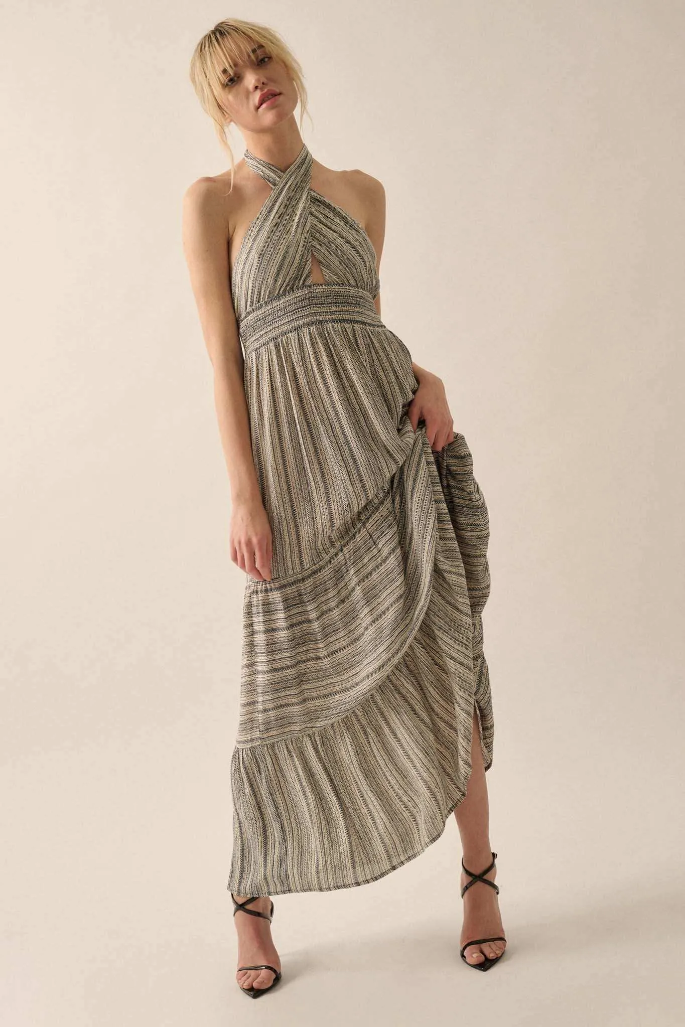 Soul Journey Striped Cross-Front Halter Maxi Dress sold by Promesa product image thumbnail 4