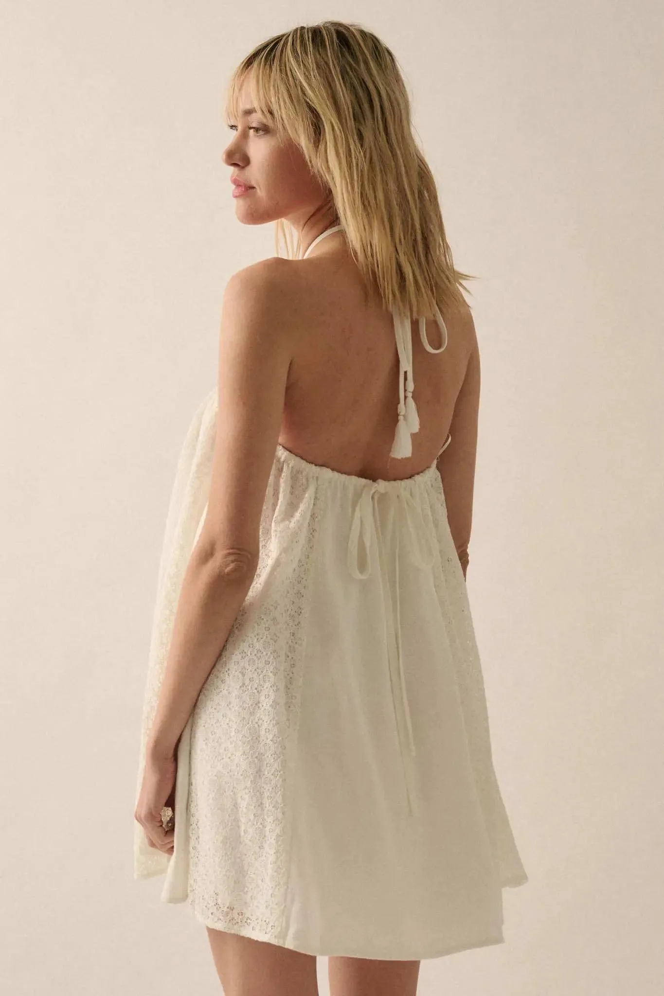 Starting Fresh Lace-Panel Mini Halter Swing Dress sold by Promesa product image thumbnail 5