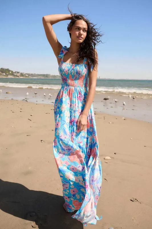 There She Grows Smocked Floral Crepe Maxi Dress sold by Promesa