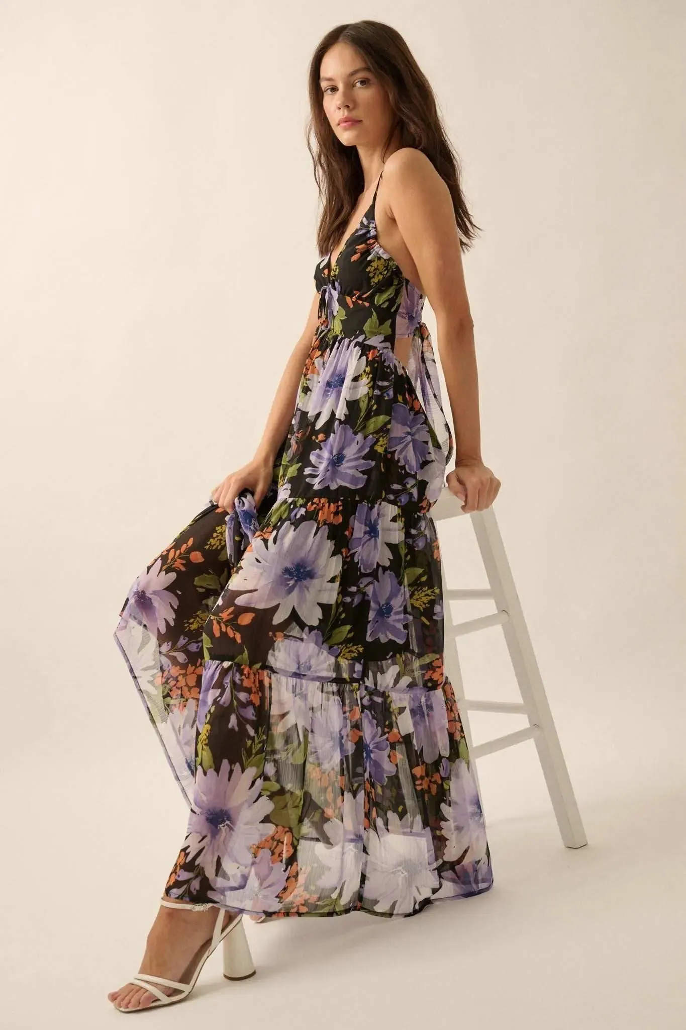 Moon Garden Floral Chiffon Tie-Back Maxi Dress sold by Promesa product image thumbnail 4