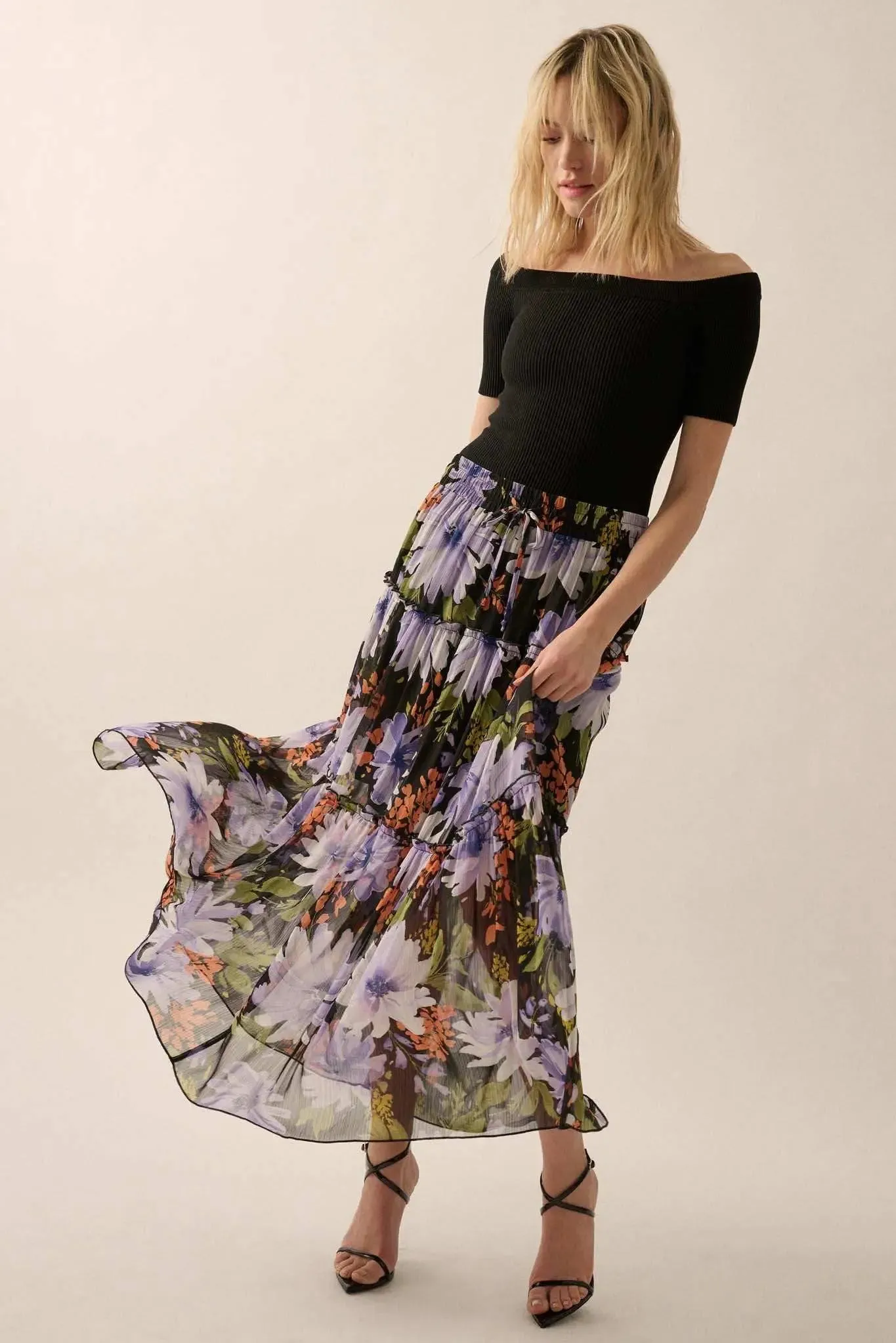 Twilight Bouquet Floral Chiffon Tiered Maxi Skirt sold by Promesa product image thumbnail 4