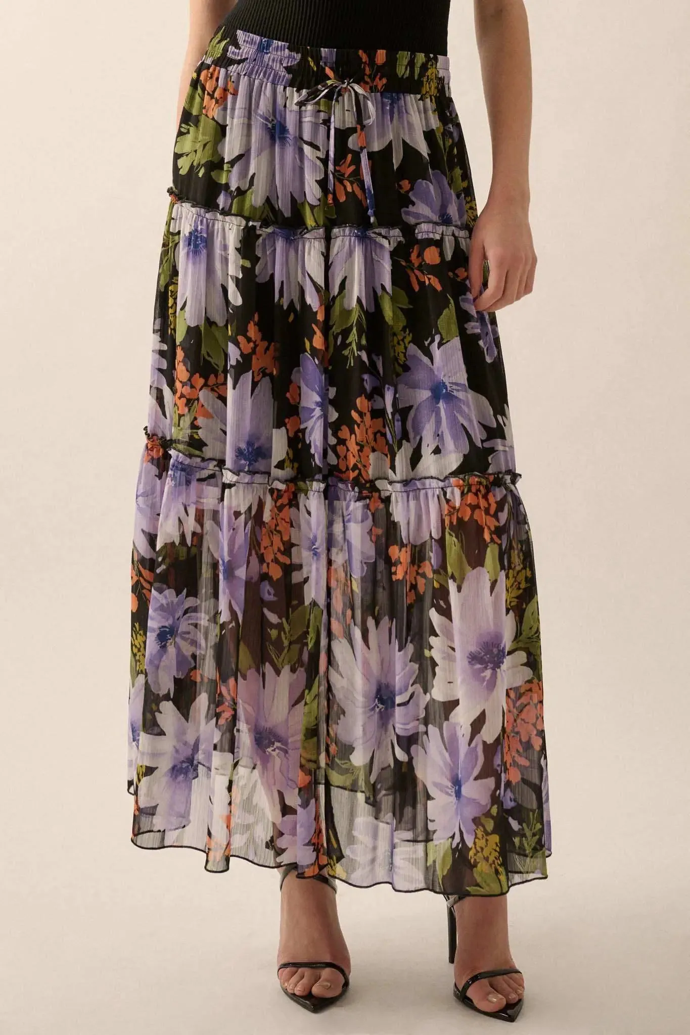 Twilight Bouquet Floral Chiffon Tiered Maxi Skirt sold by Promesa product image thumbnail 5