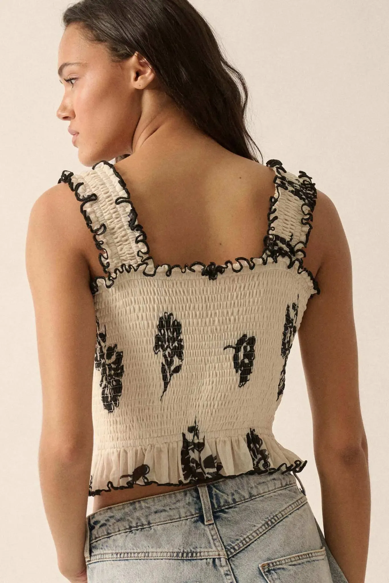 Deco Darling Floral Mesh Smocked Ruffle Cami Top sold by Promesa product image thumbnail 2