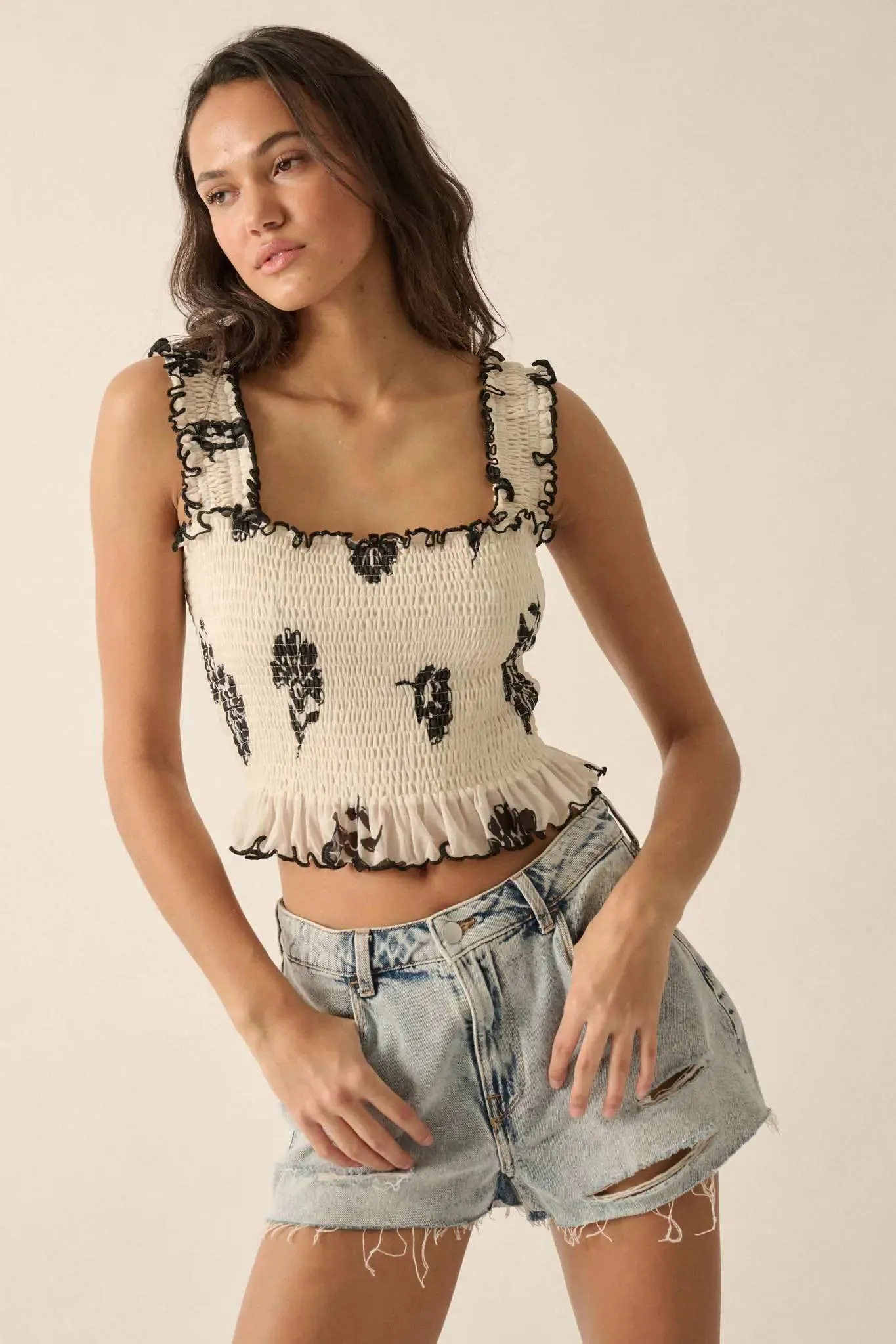 Deco Darling Floral Mesh Smocked Ruffle Cami Top sold by Promesa